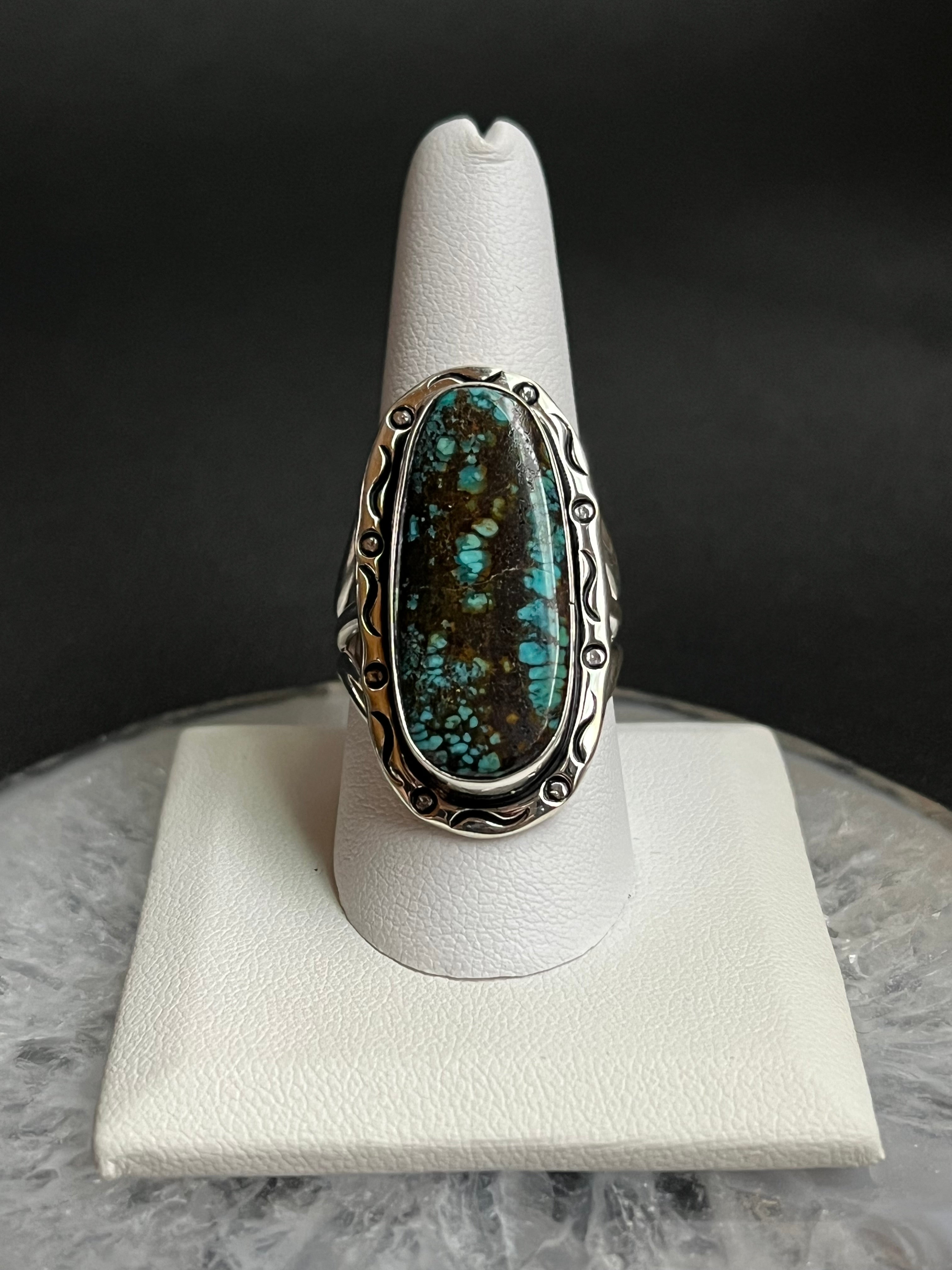 •CHINESE TURQUOISE• Navajo silver ring (size 10.5)
