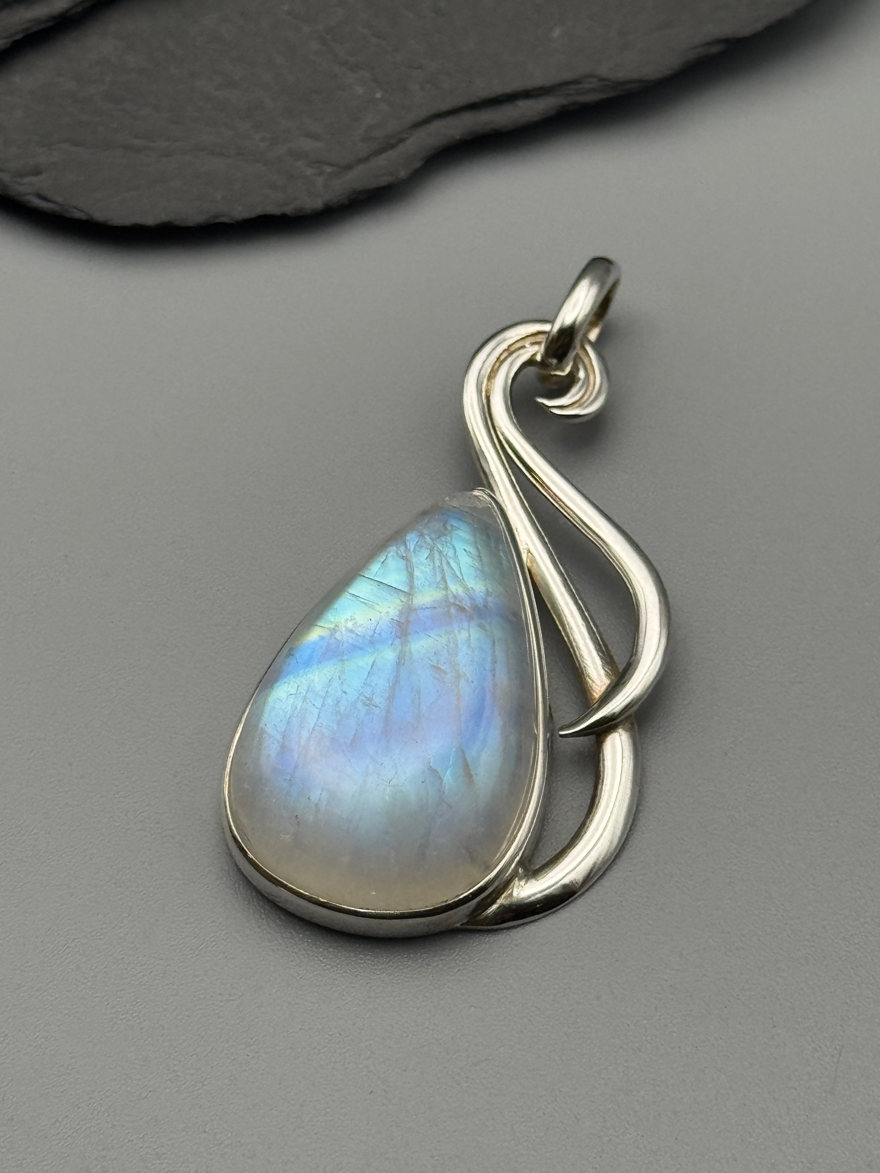 •RAINBOW MOONSTONE TEAR - MEDIUM FLOURISH• sterling silver pendant