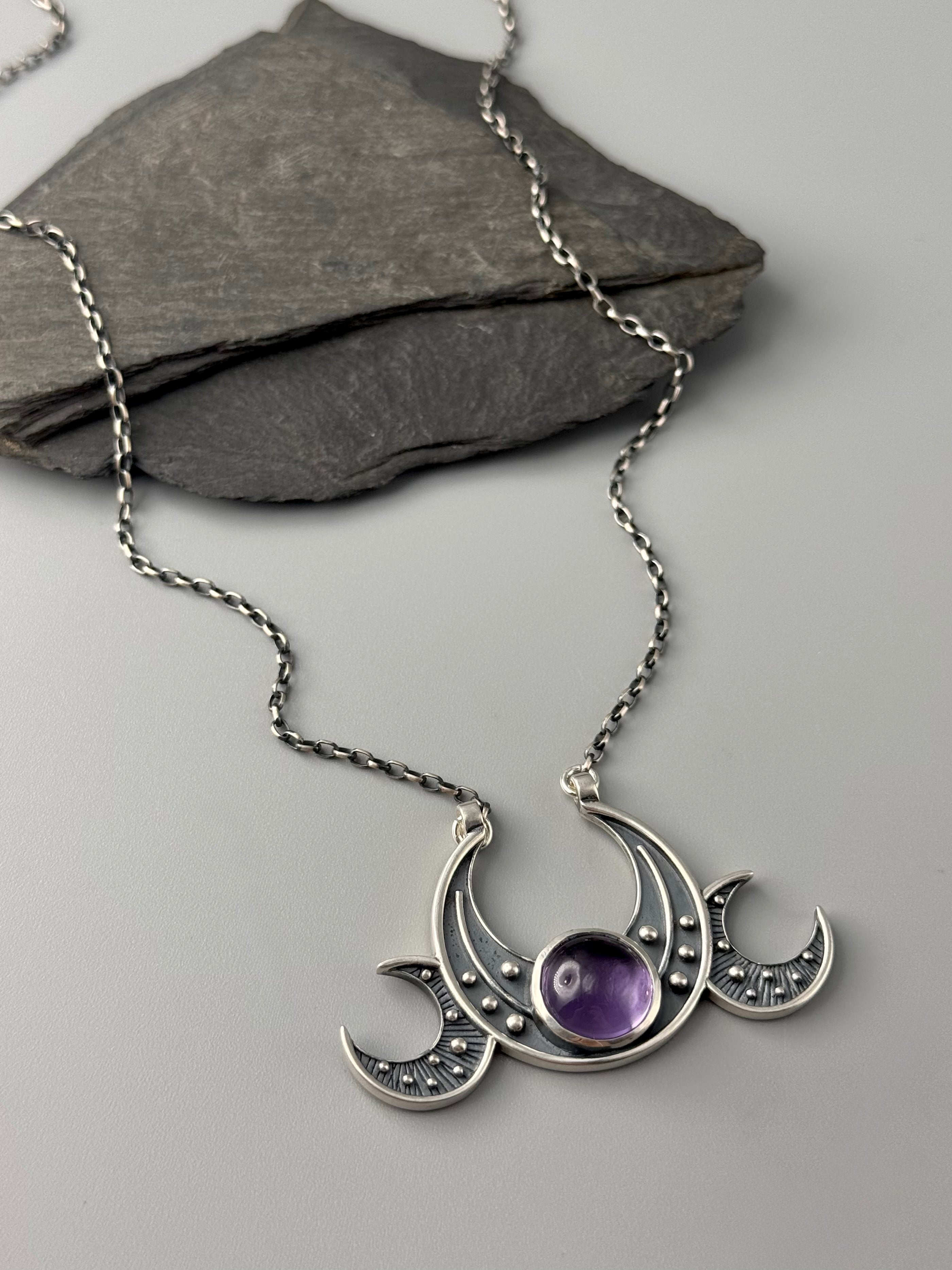 •TRIPLE MOON GODDESS• amethyst + silver necklace (18" long)