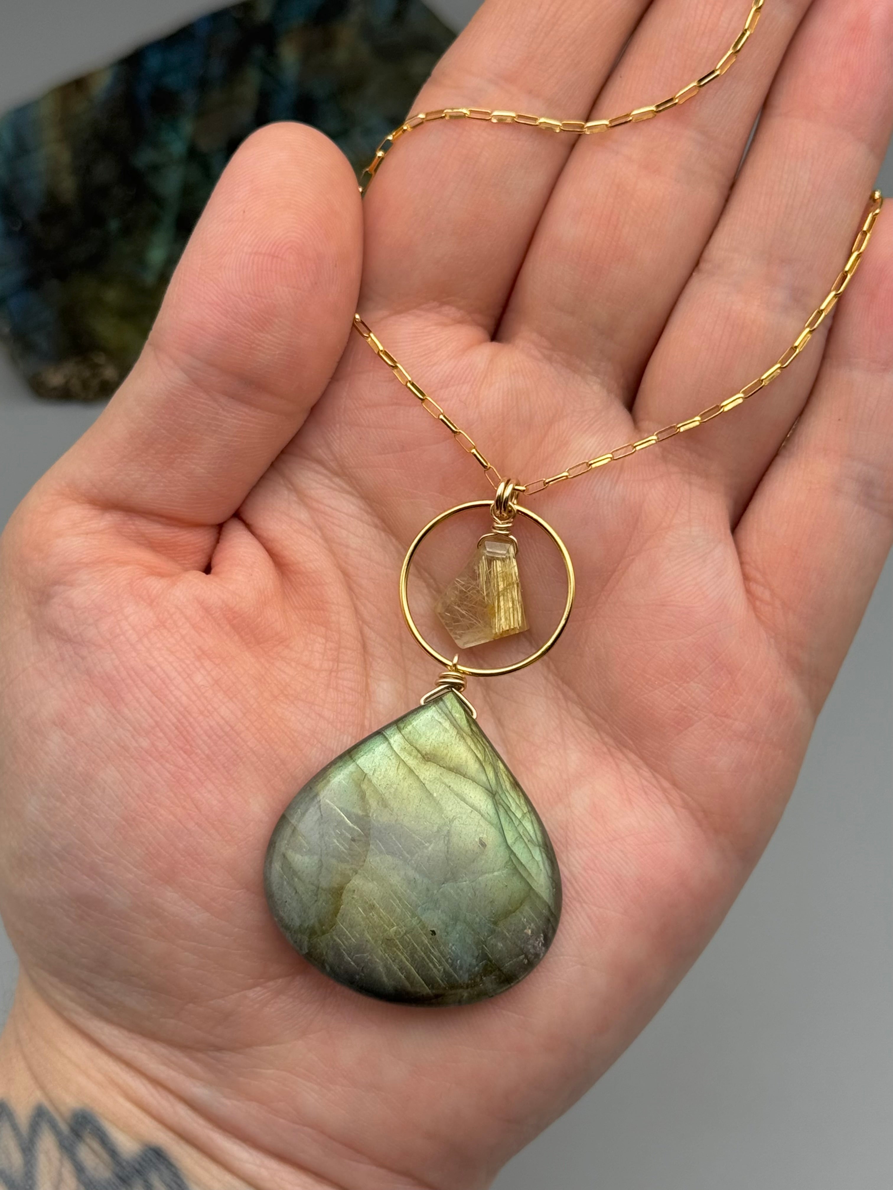 •LUNA• rutilated quartz + labradorite gold necklace (18"-20" long)