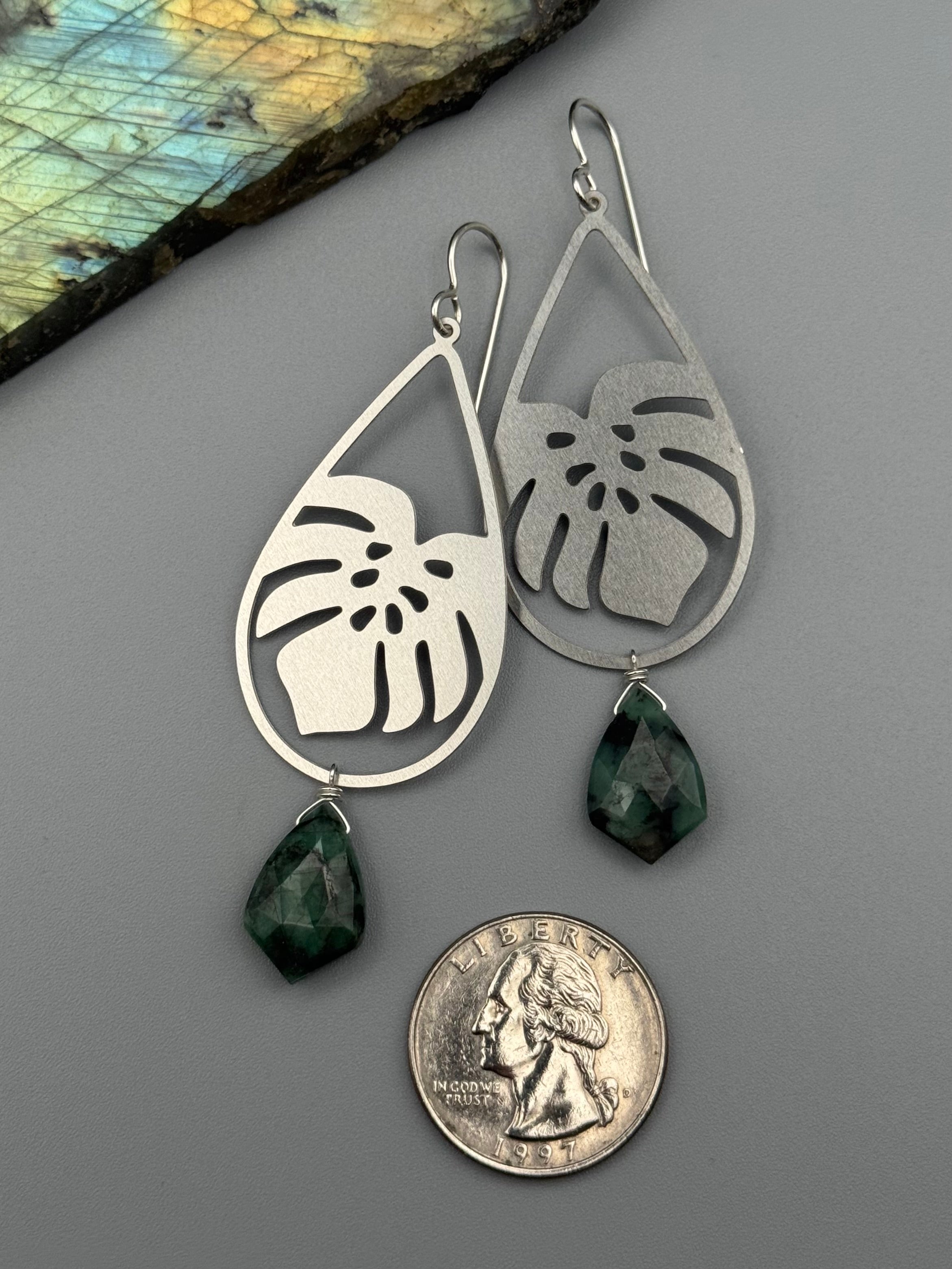 •MONSTERA• emerald + silver earrings