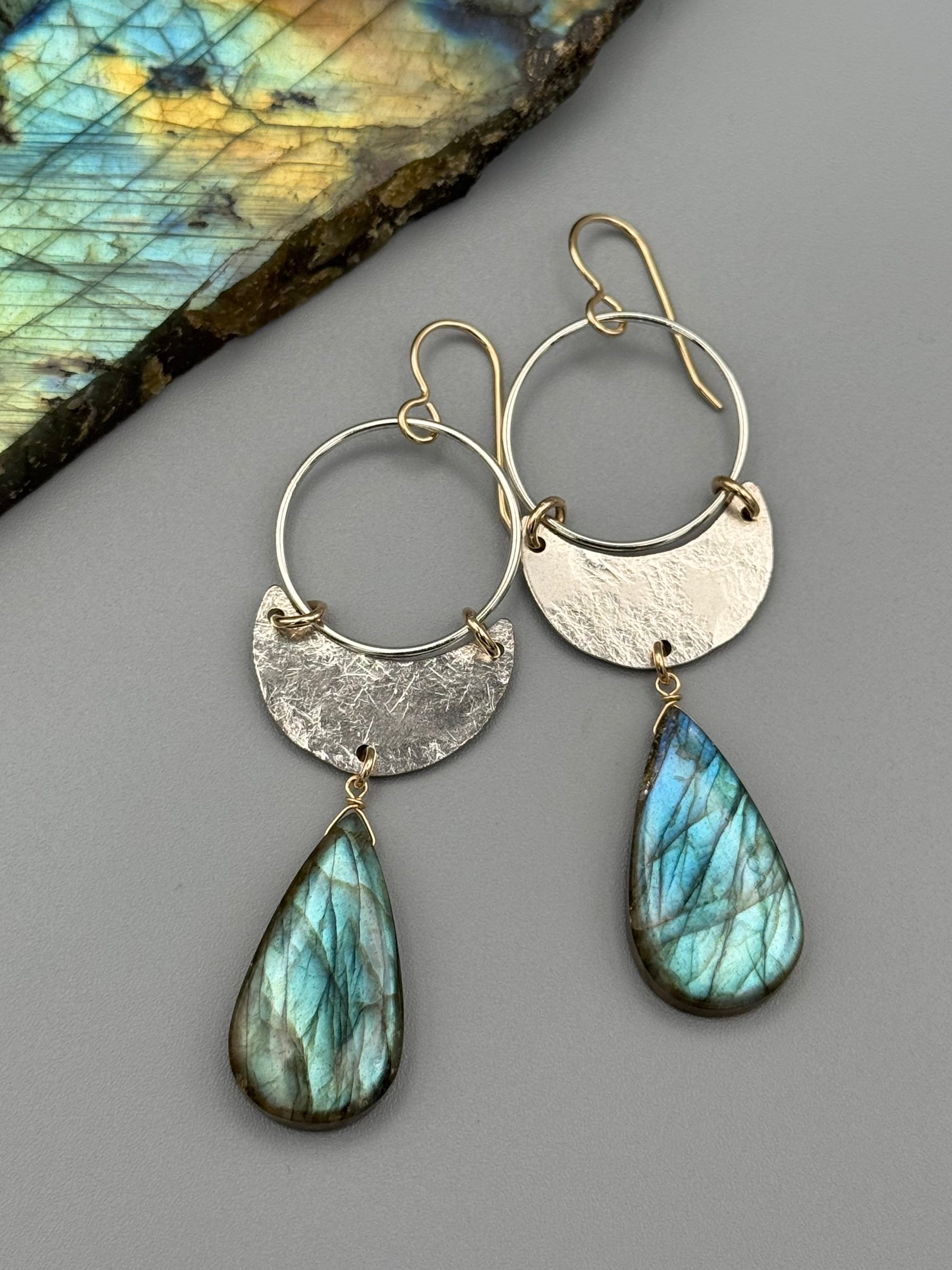 •MOON SHADOW• labradorite tear + mixed metal earrings
