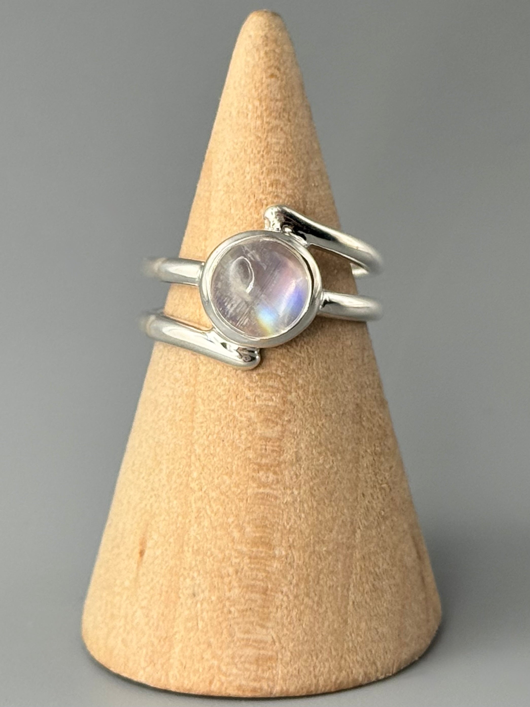 •RAINBOW MOONSTONE - ORBIT• wrapped double band silver ring (various sizes)