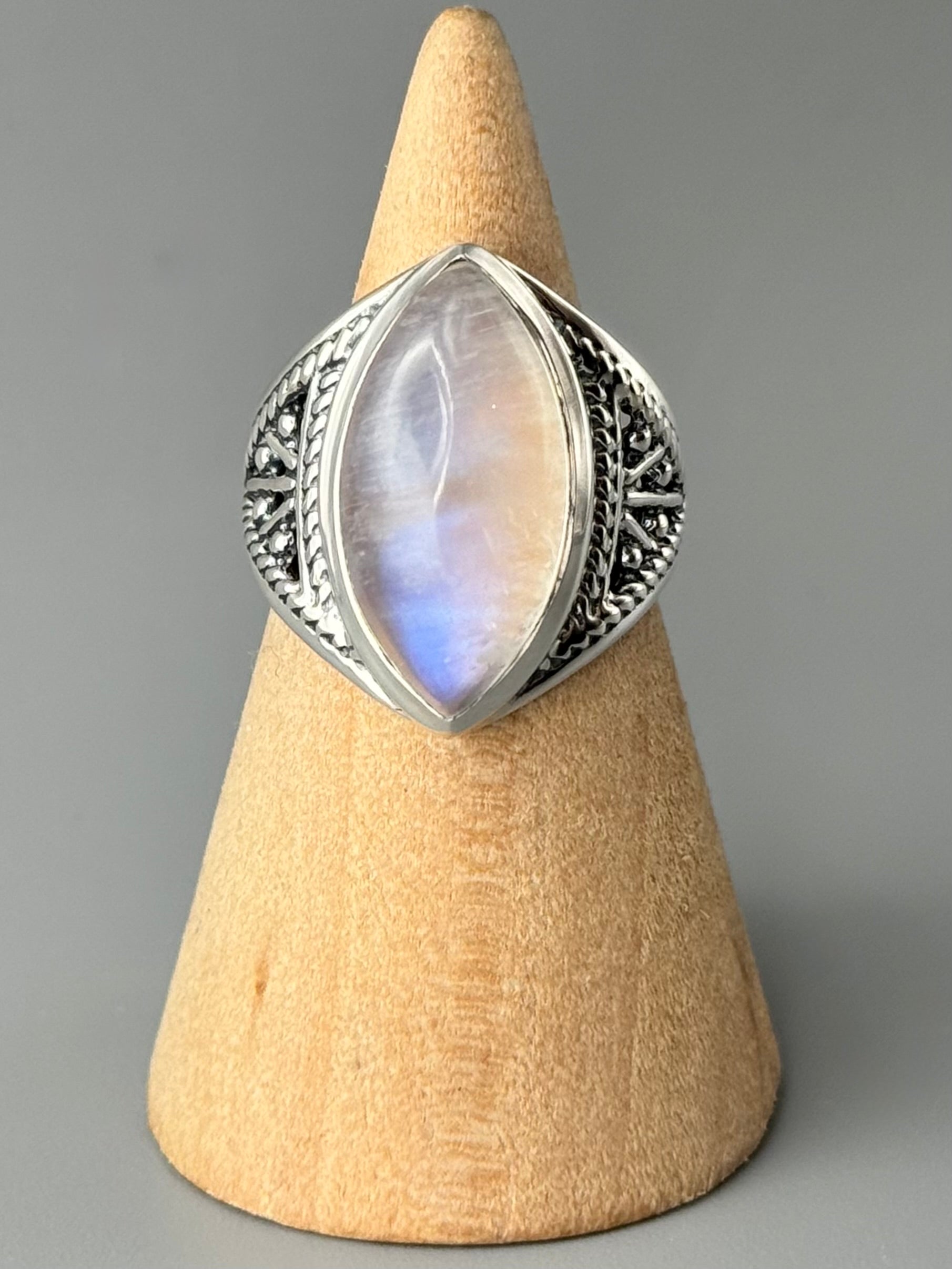 •RAINBOW MOONSTONE - MARQUISE• tapered band silver ring (size 6.25)