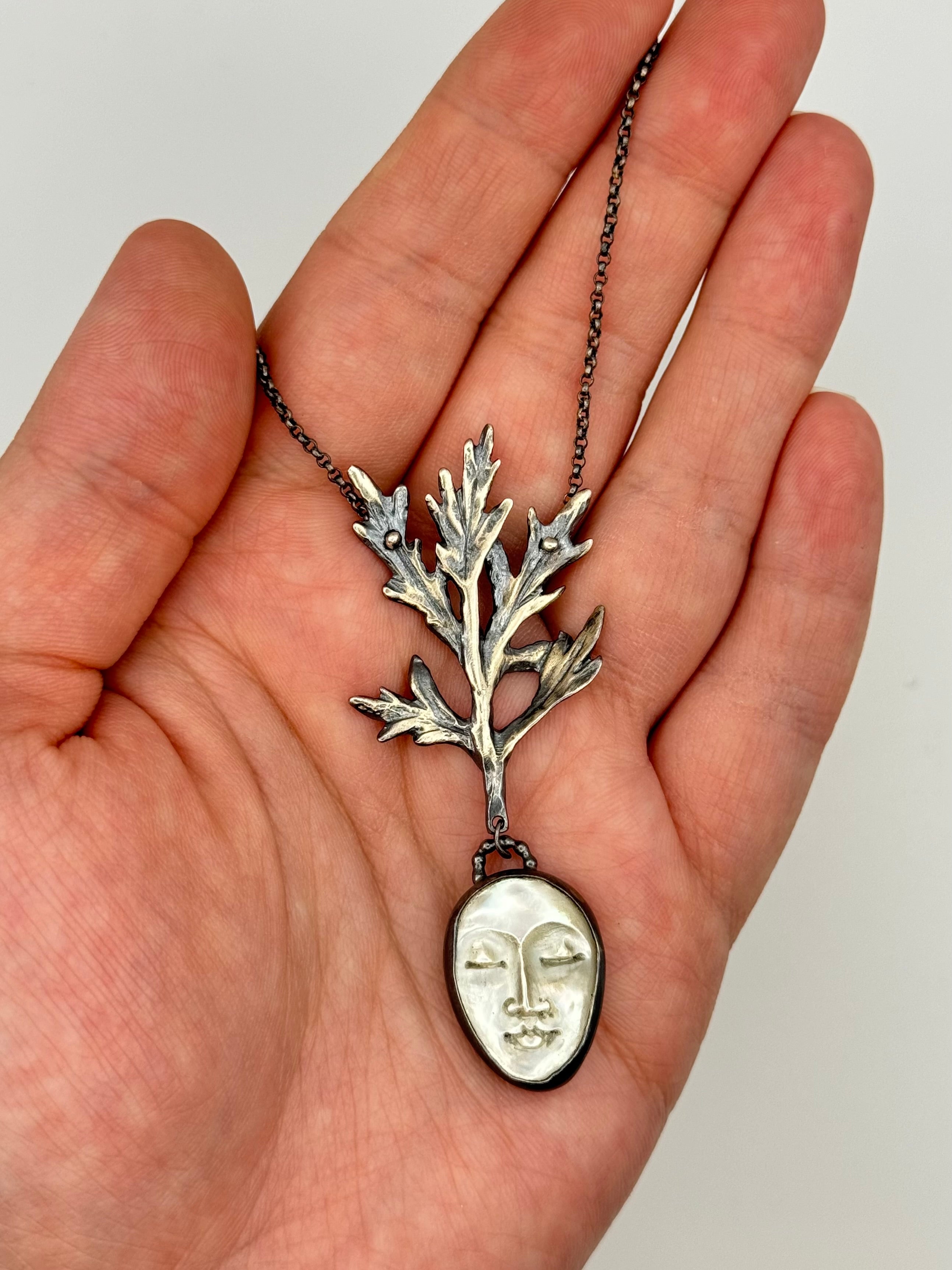 •SWEET LADY MUGWORT• carved mother of pearl + mugwort + silver necklace