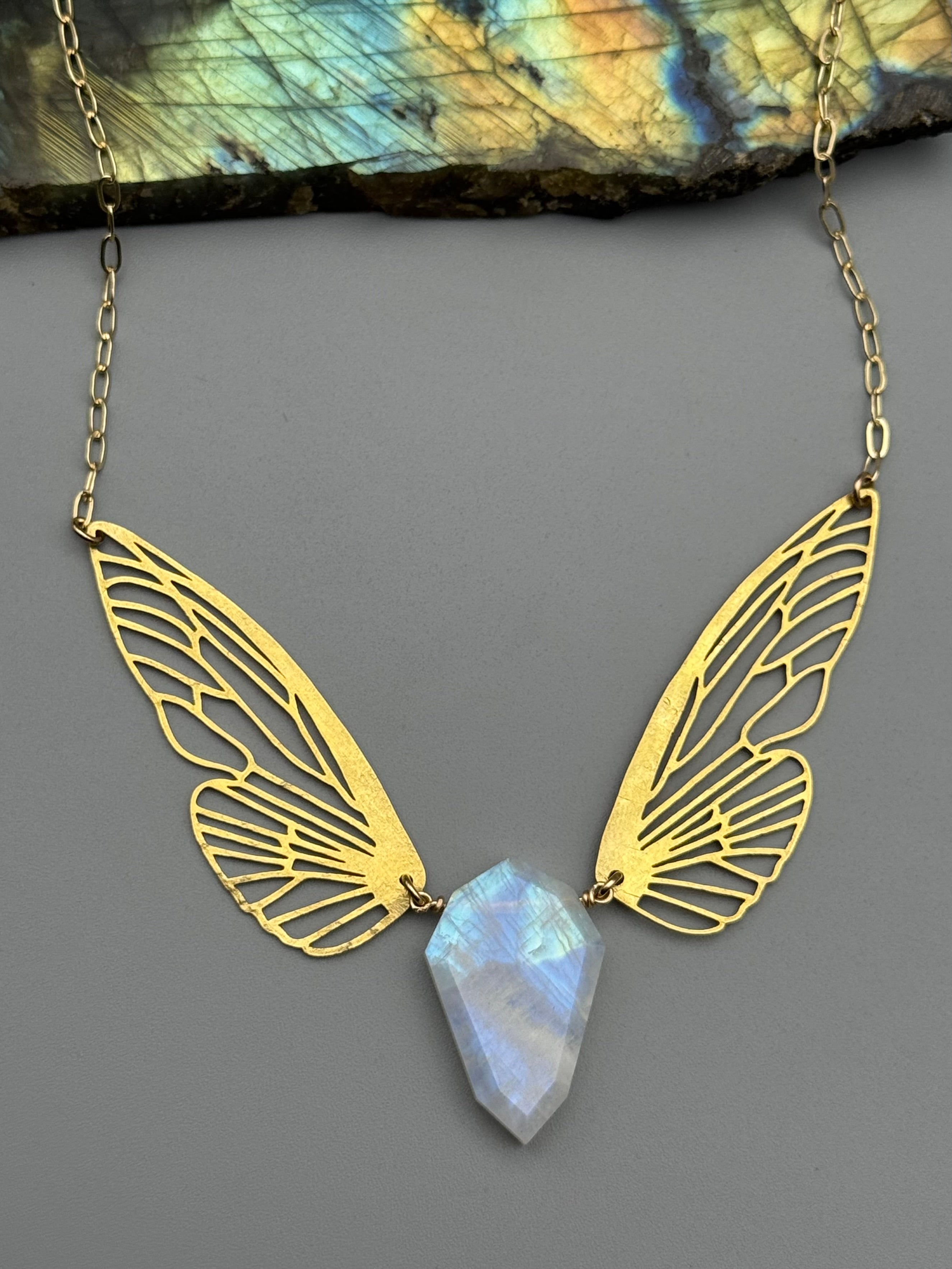 •METAMORPH• rainbow moonstone petal + gold necklace (16"-18" long)