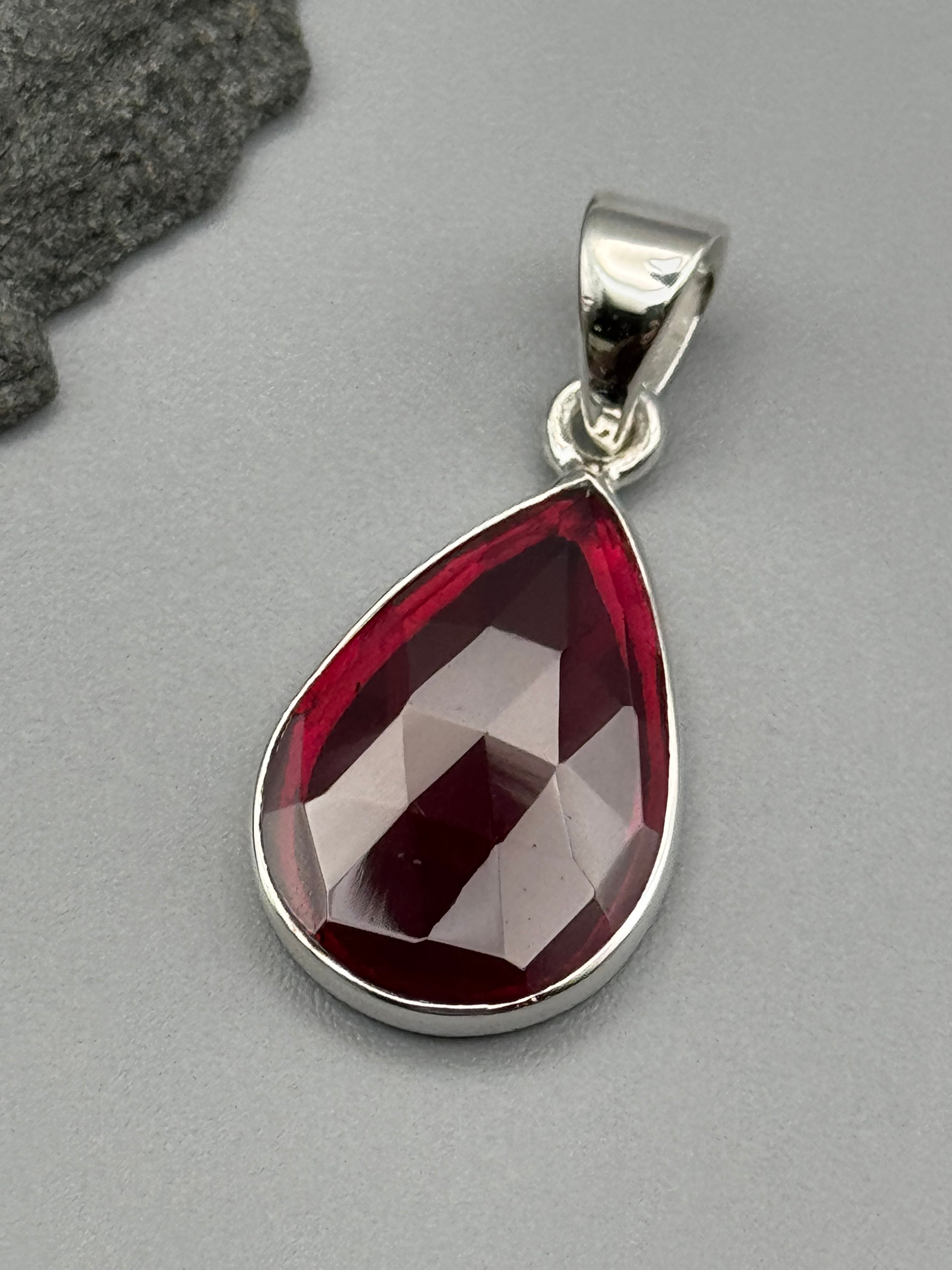 •GARNET - FACETED TEAR• sterling silver pendant