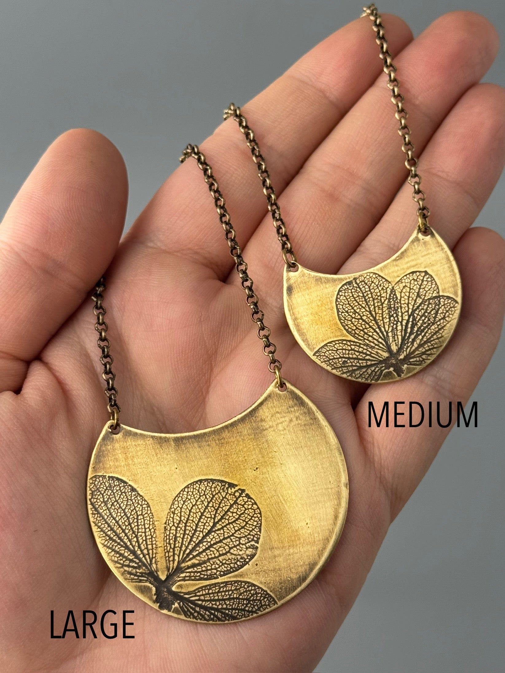 •HYDRANGEA CRESCENT• brass necklace (20" long)