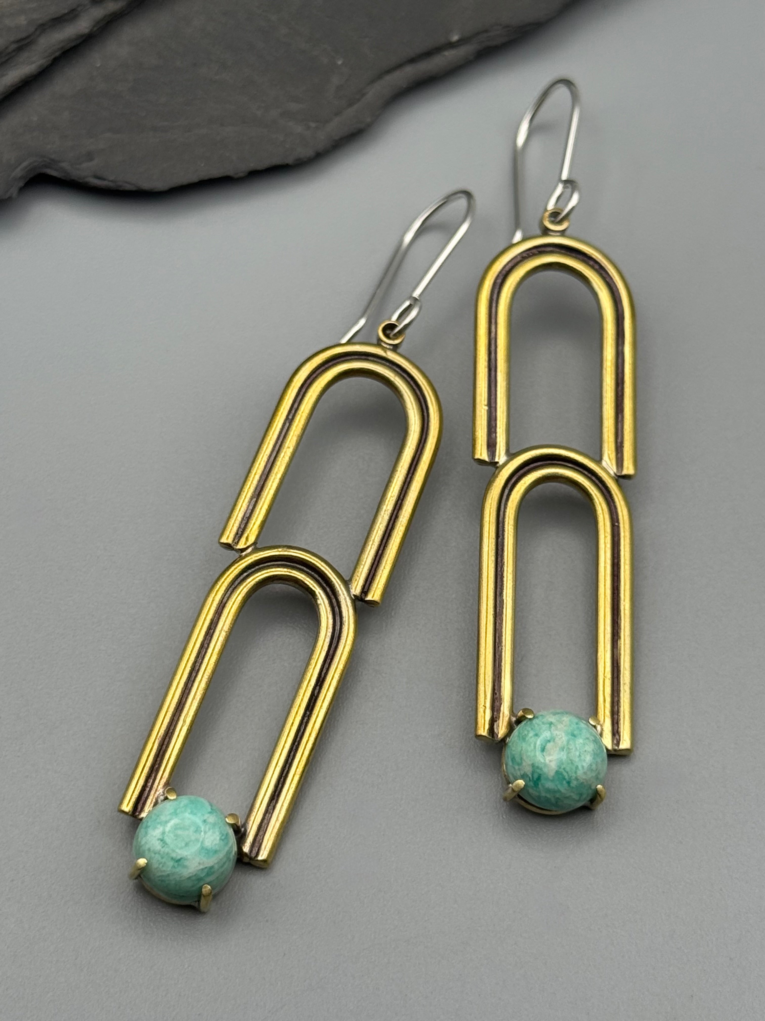 •DOUBLE ARCHES• amazonite + brass dangle earrings