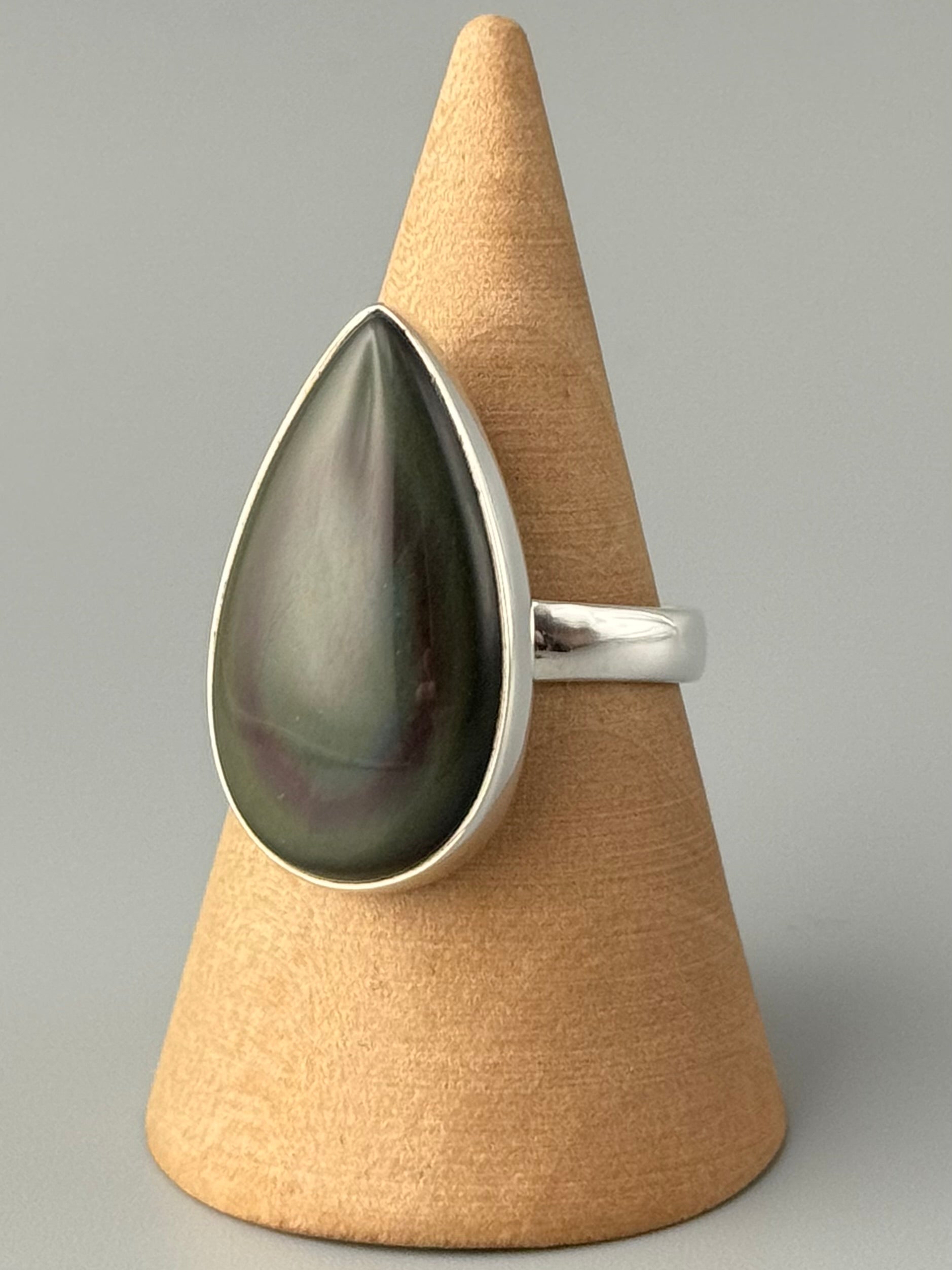 •RAINBOW OBSIDIAN - TEARDROP• simple bezel silver ring (size 8.75)