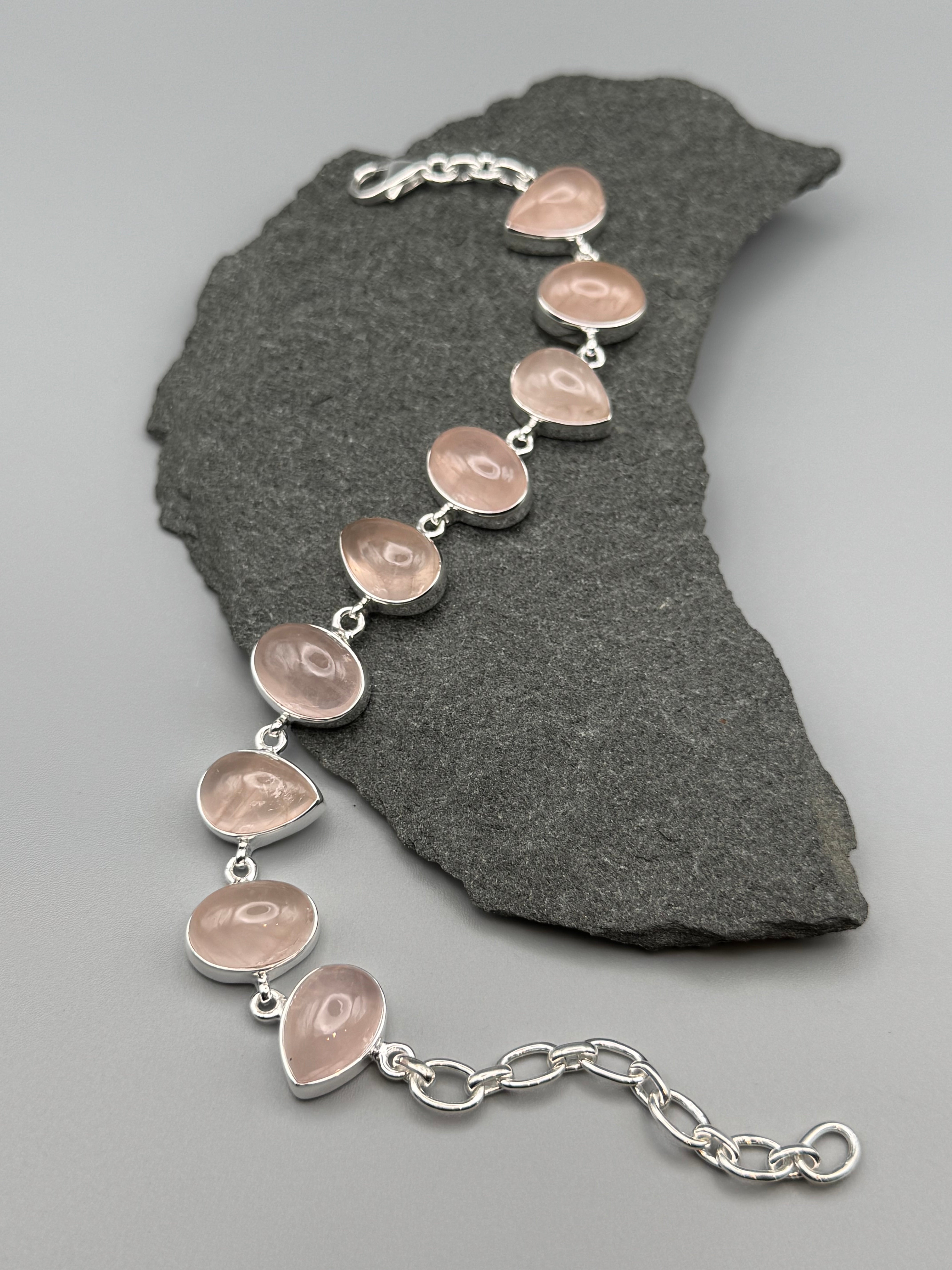 •ROSE QUARTZ - GEO MIX• linked silver bracelet (7" - 9")