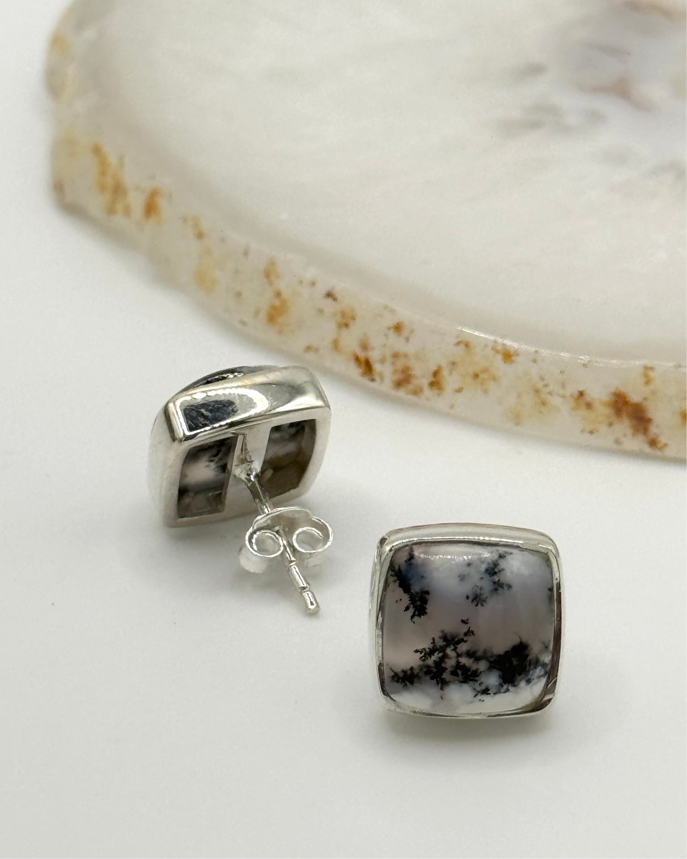 •DENDRITIC OPAL - SQUARE• silver bezel set stud earrings