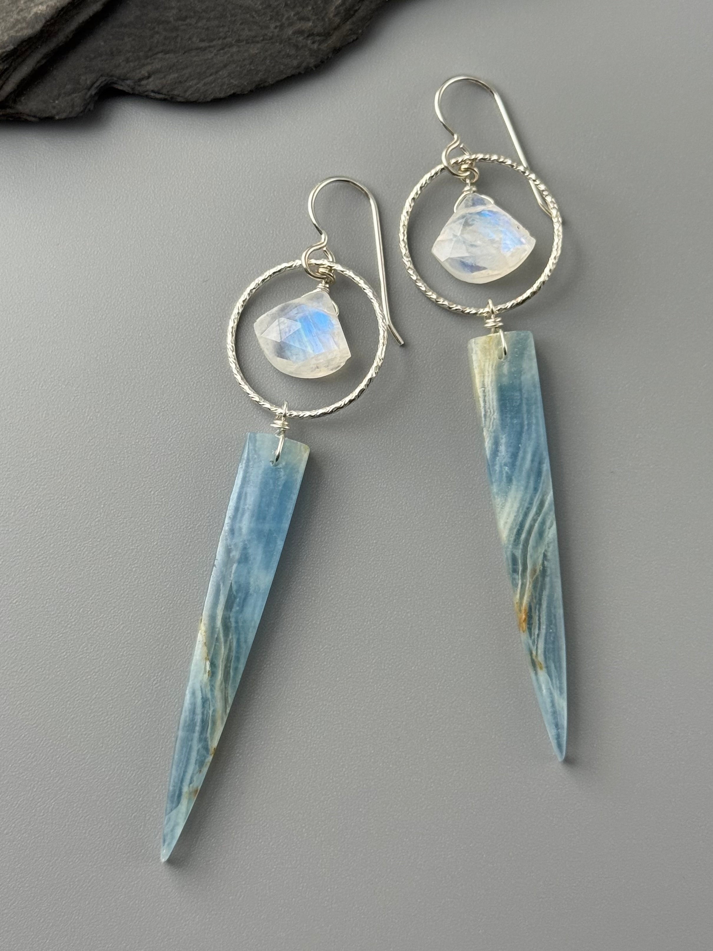 •LUNA• rainbow moonstone + blue calcite silver earrings