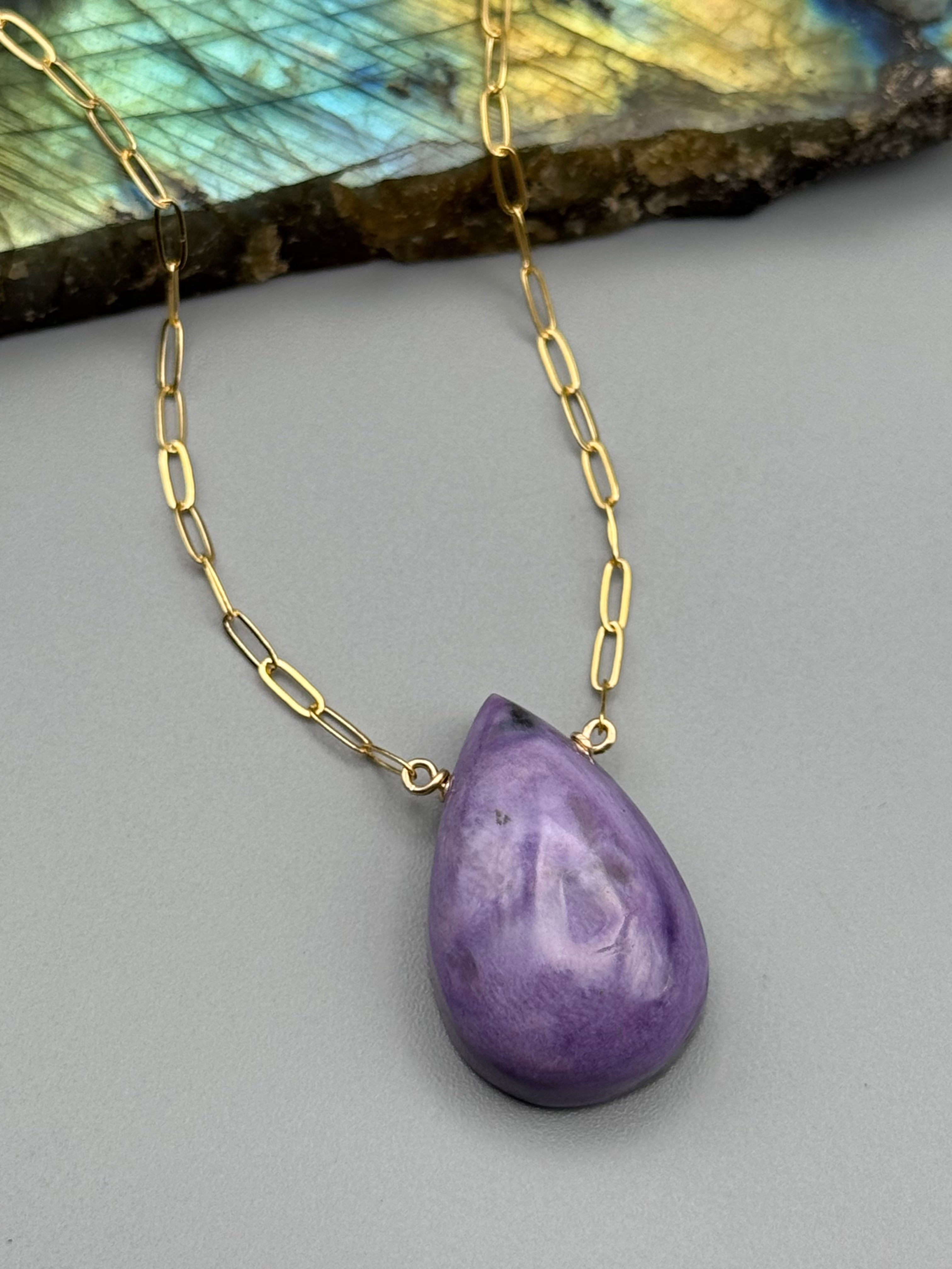 •AEON• charoite tear + gold necklace (16"-18" long)