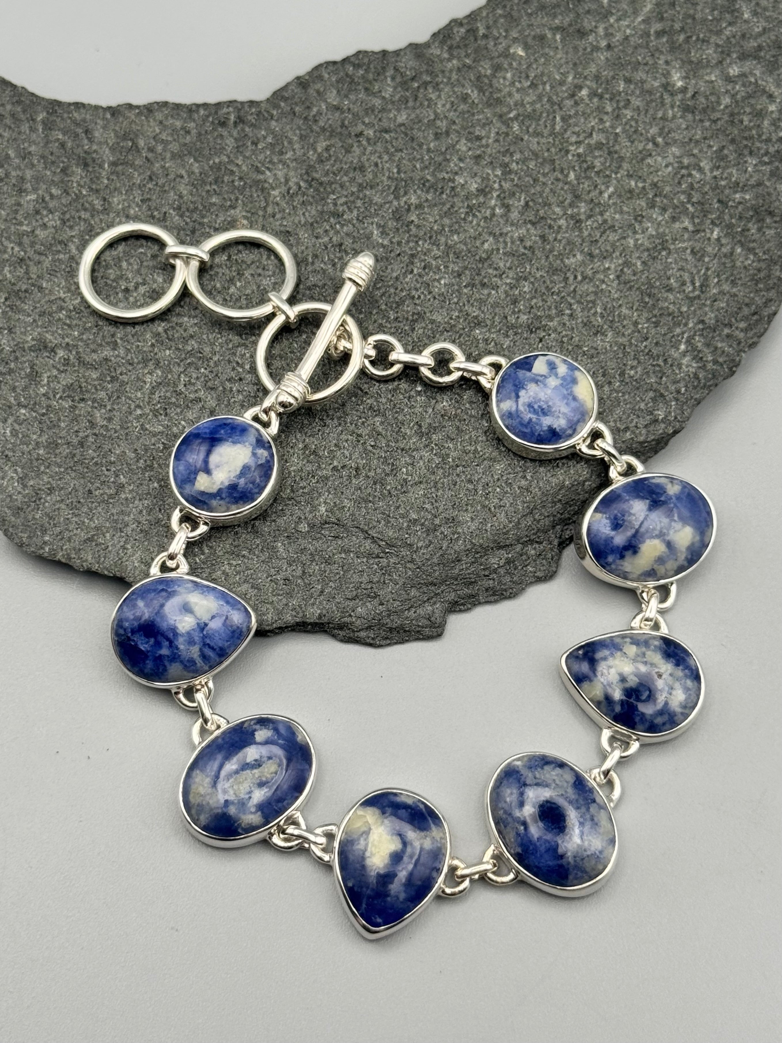 •SODALITE- GEO MIX• linked silver bracelet (7.25" - 8.5")
