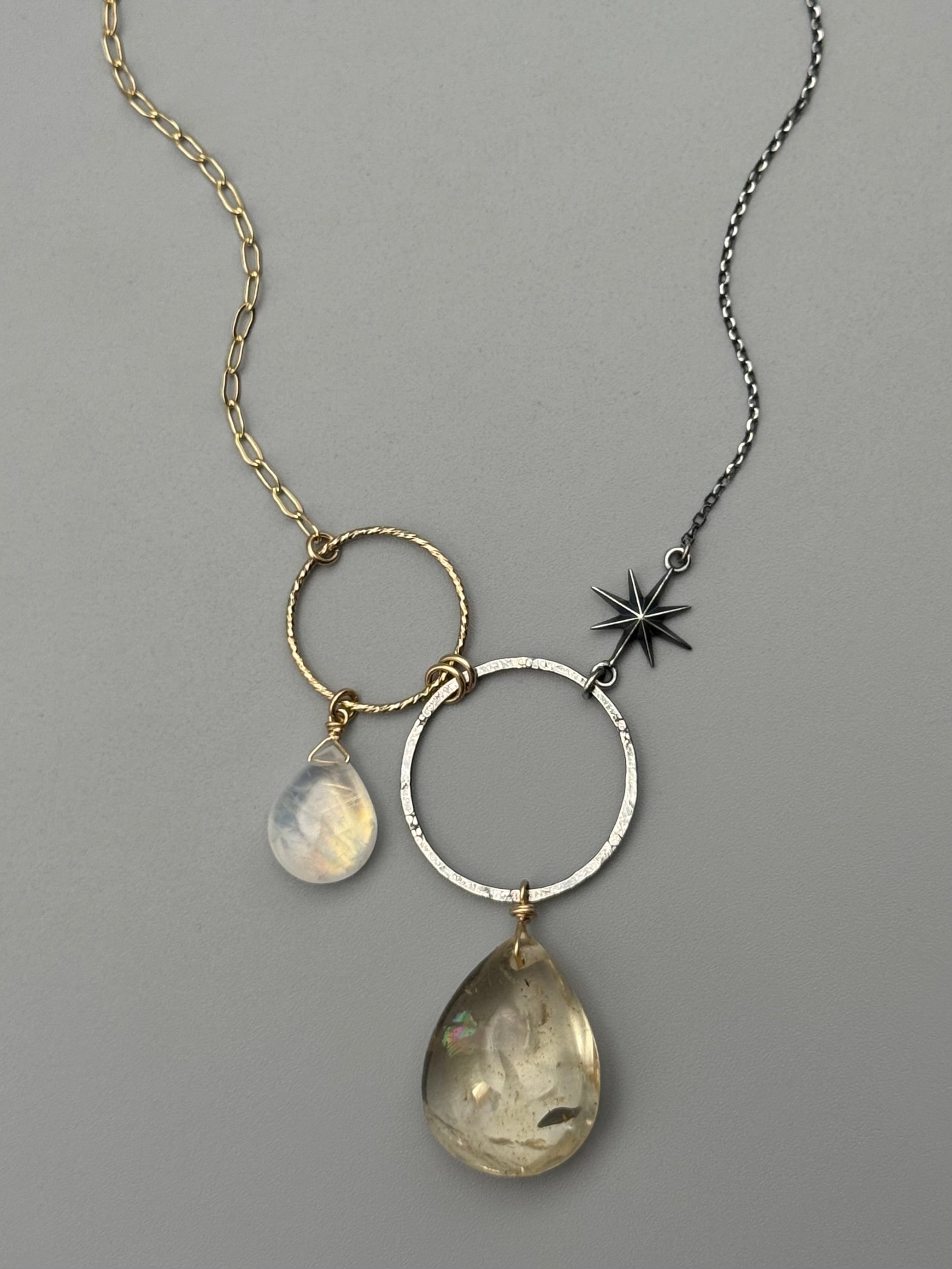 •UNION• rainbow moonstone + citrine mixed metal necklace (18"-20" long)
