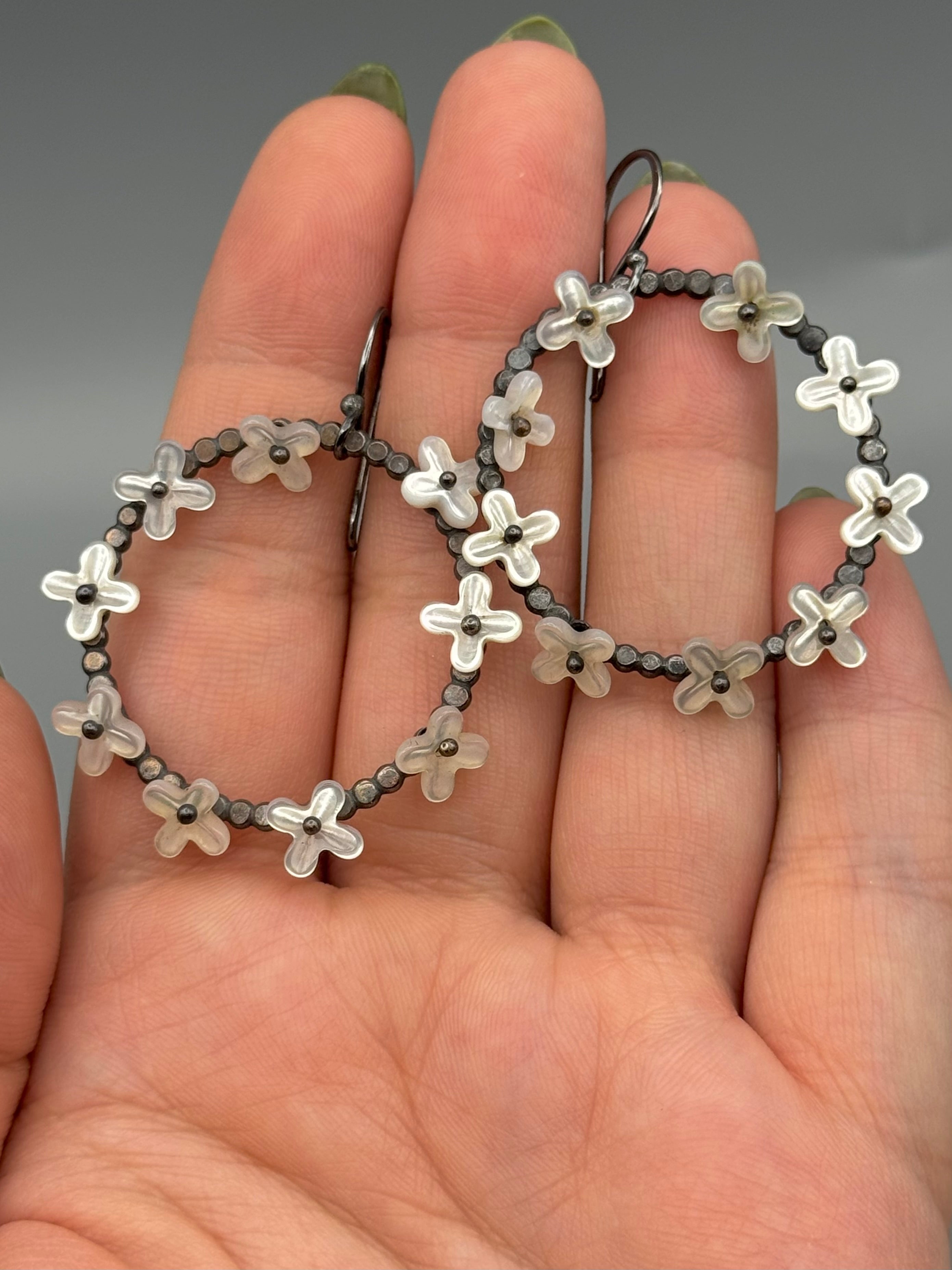 •FLORAL HOOP• mother of pearl + silver hoop earrings