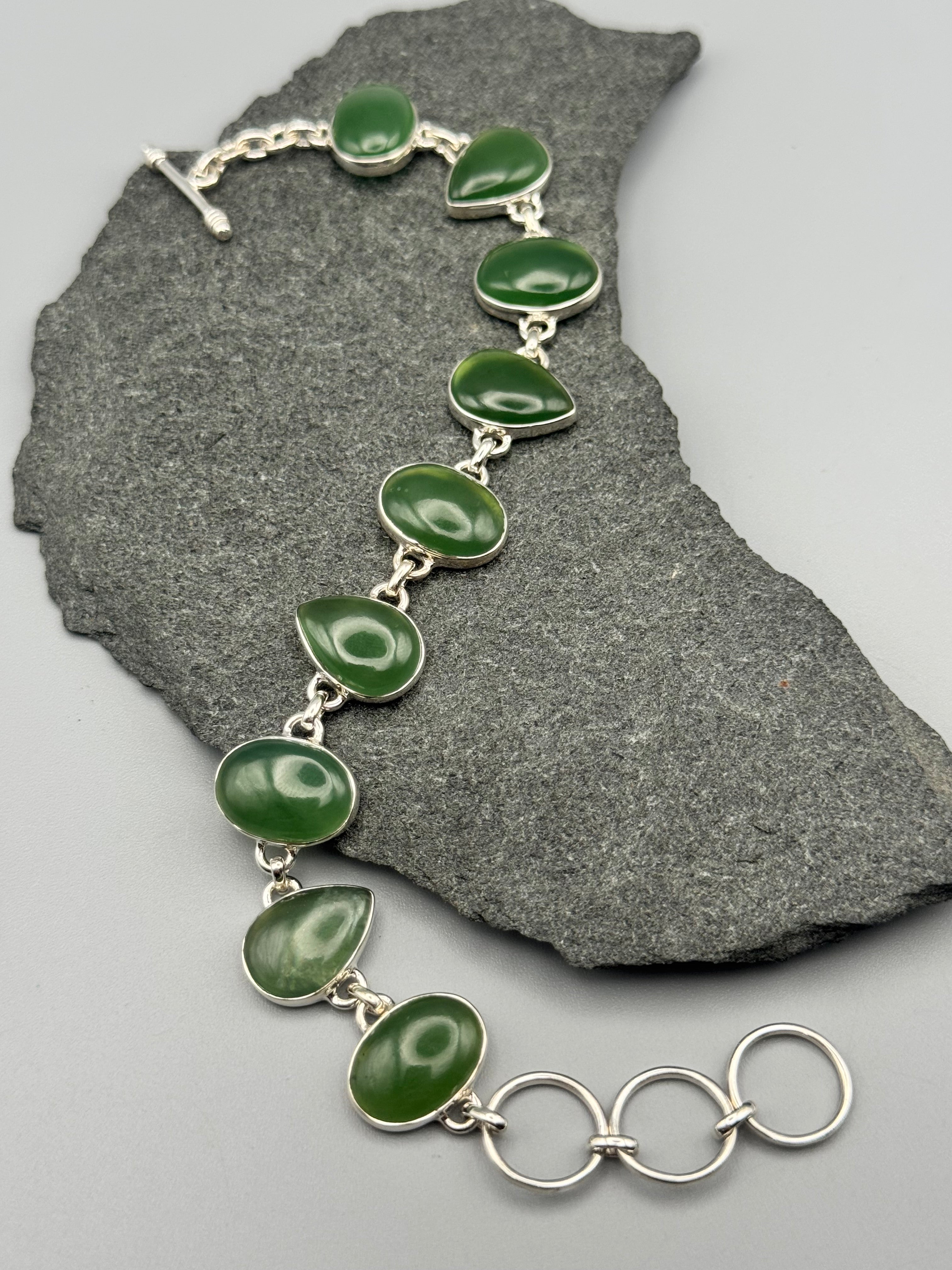 •NEPHRITE JADE - GEO MIX• linked silver bracelet (7" - 8.25")