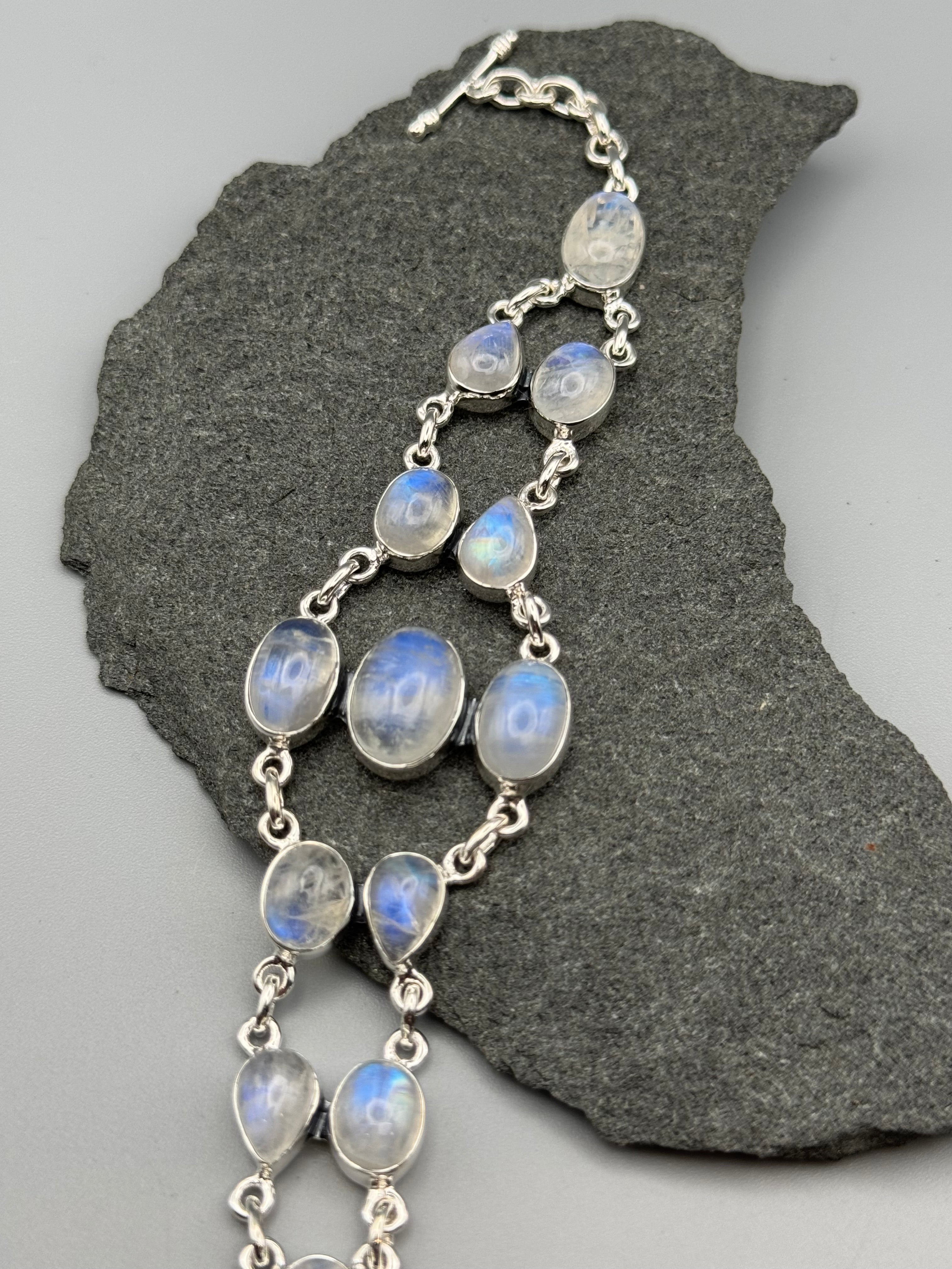 •RAINBOW MOONSTONE - TAPERED• linked silver bracelet (7.25” - 8.5")