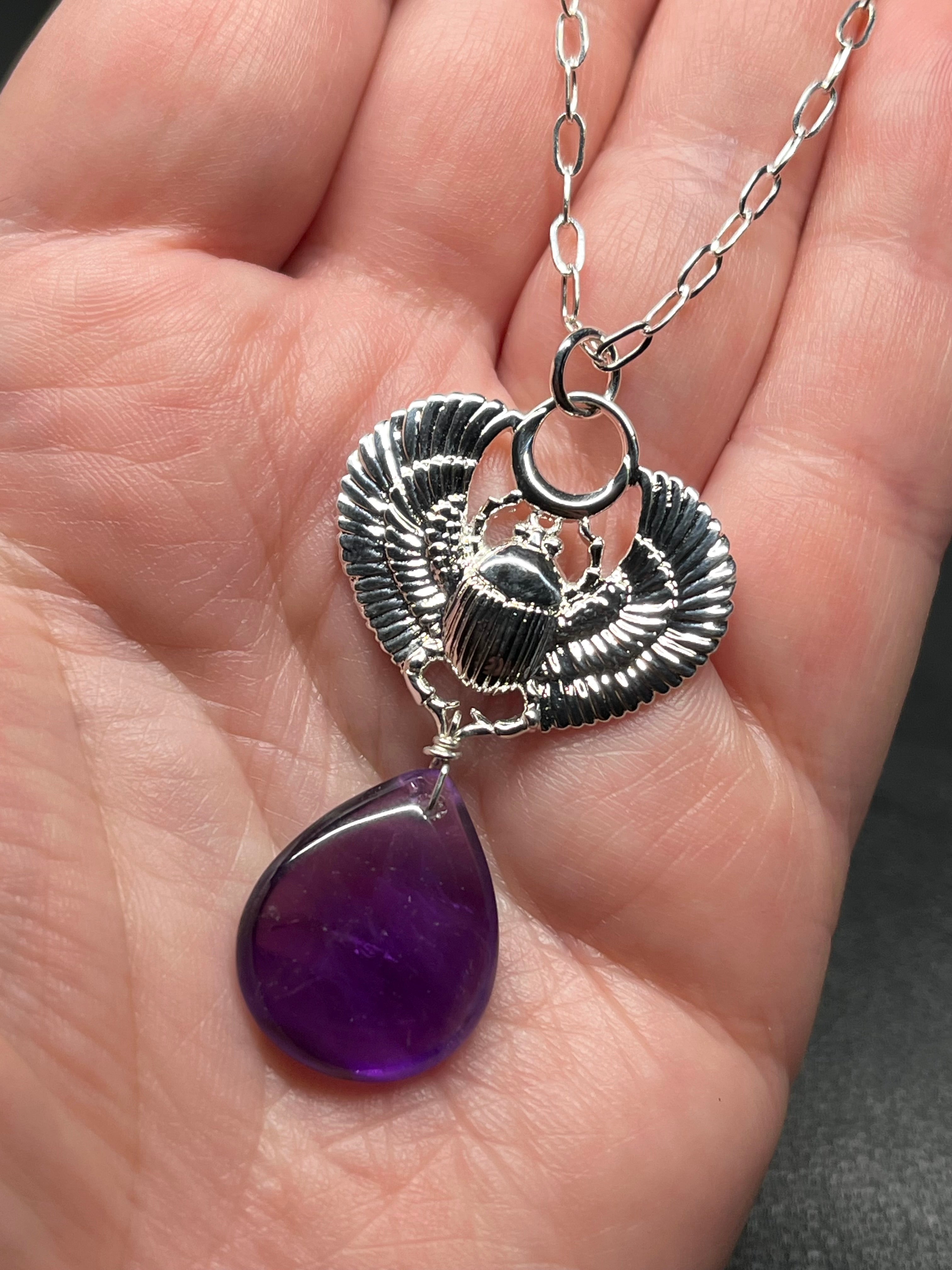 •ASET• amethyst + scarab + silver necklace (26"-28")