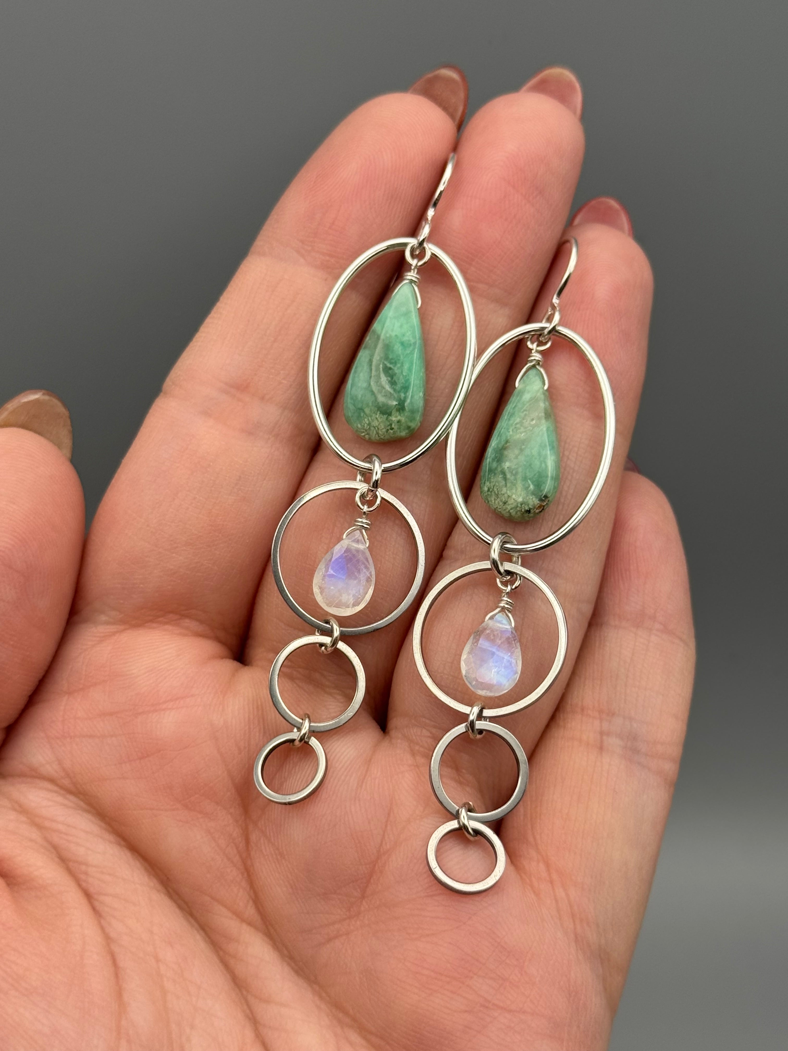 •8 OF CUPS• chrysoprase + rainbow moonstone silver earrings