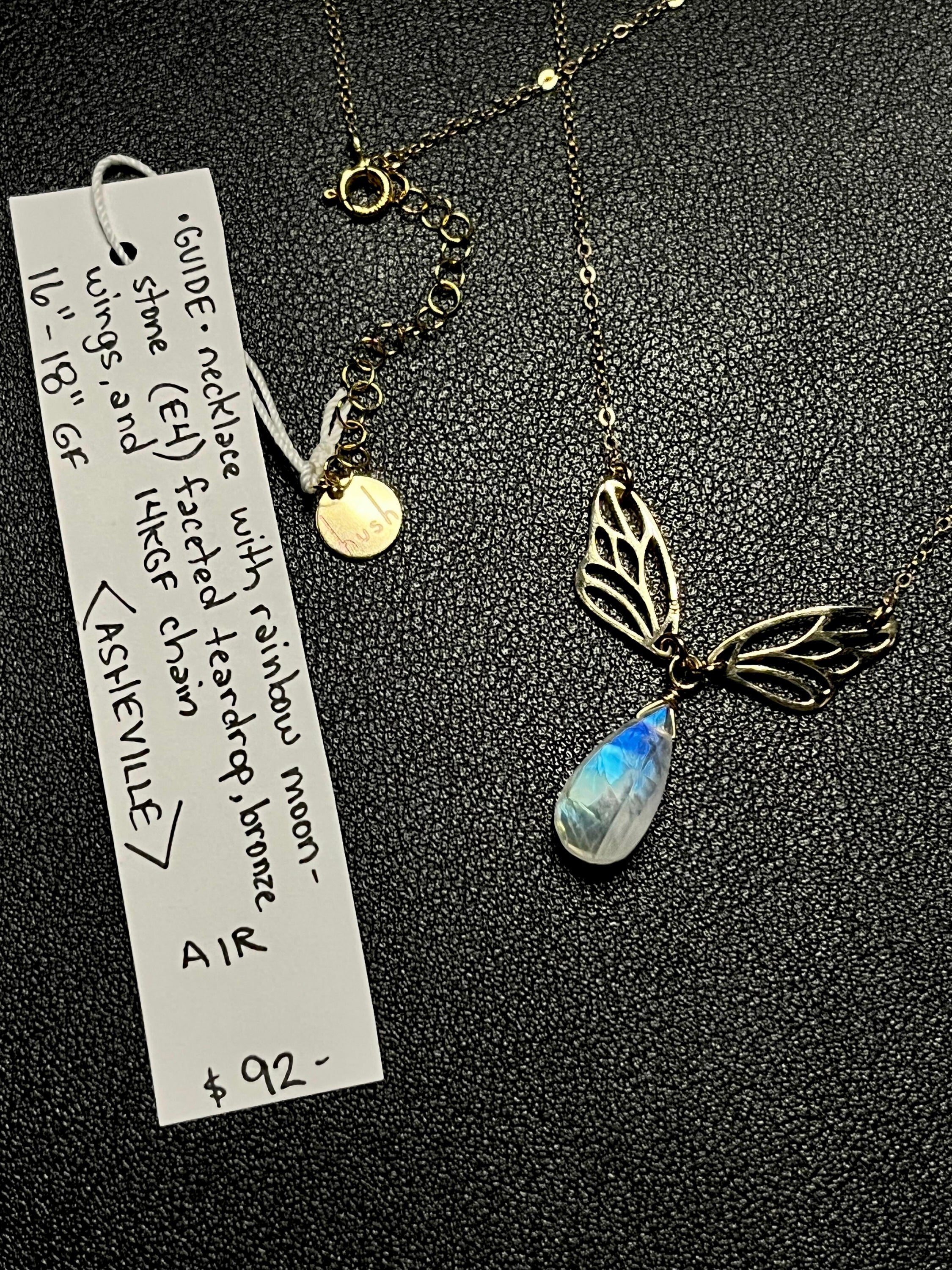 •GUIDE• rainbow moonstone + wings + gold necklace (16"-18")