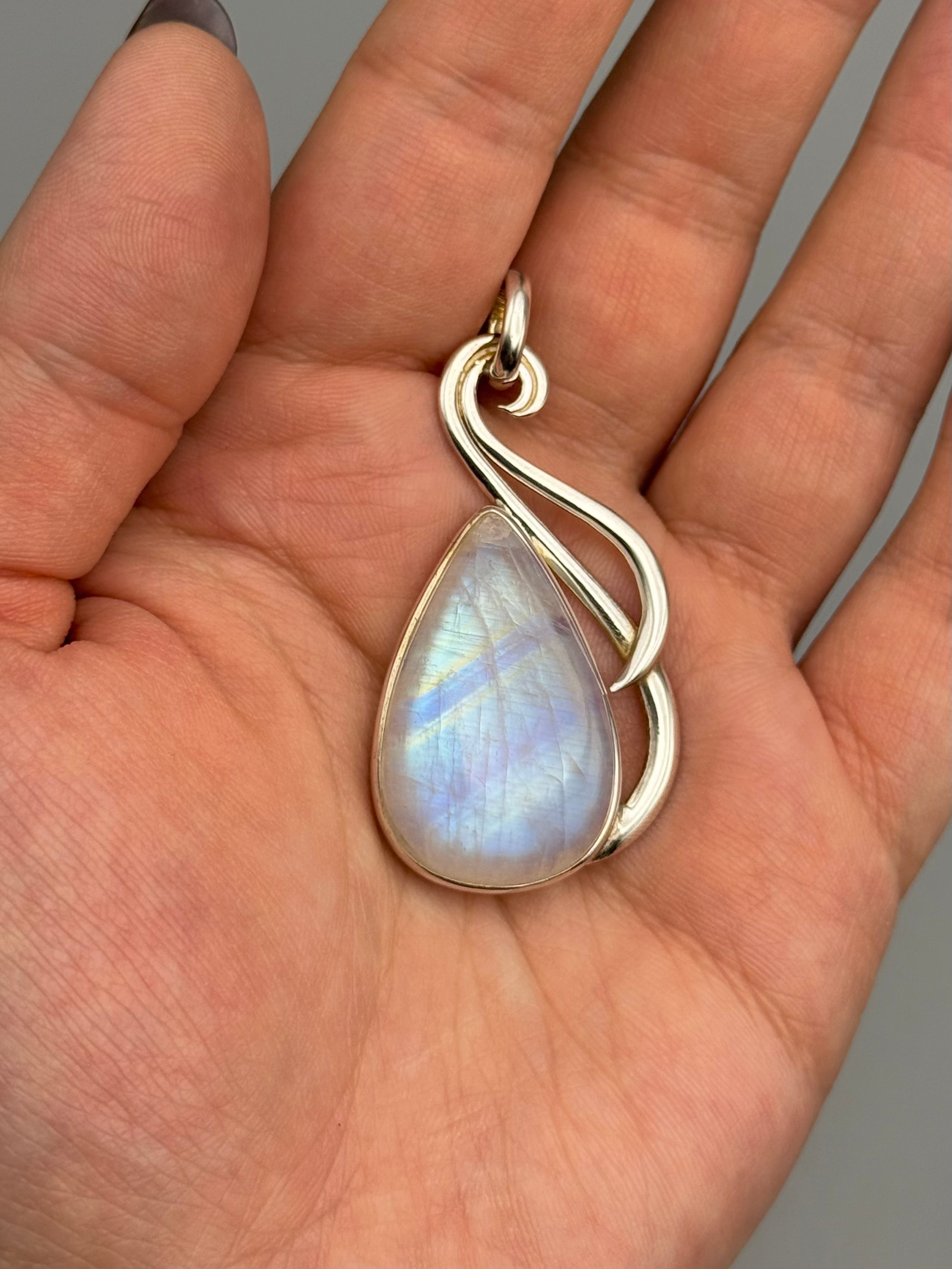 •RAINBOW MOONSTONE TEAR - MEDIUM FLOURISH• sterling silver pendant