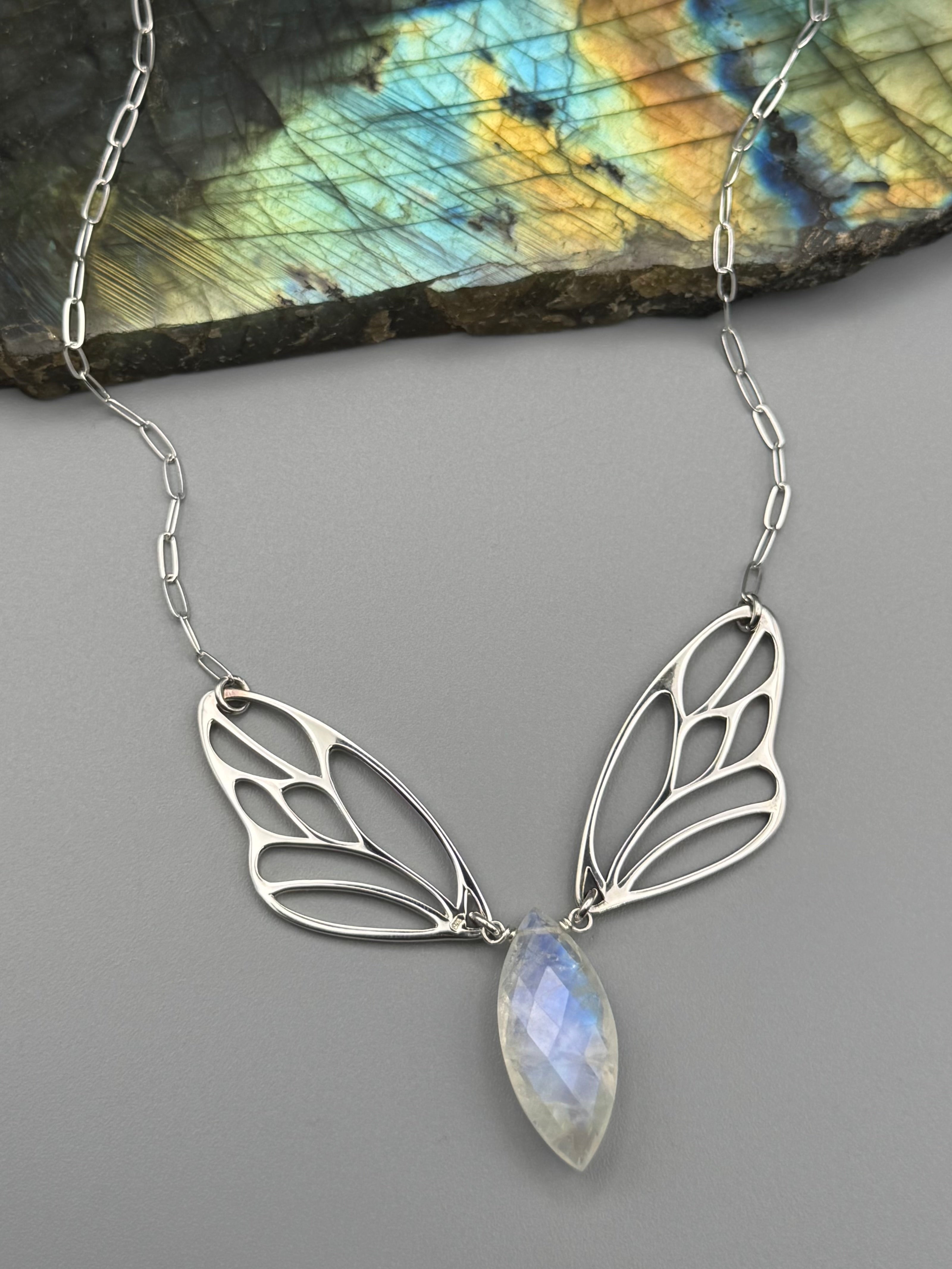 •METAMORPH• rainbow moonstone marquise + silver necklace (18"-20" long)