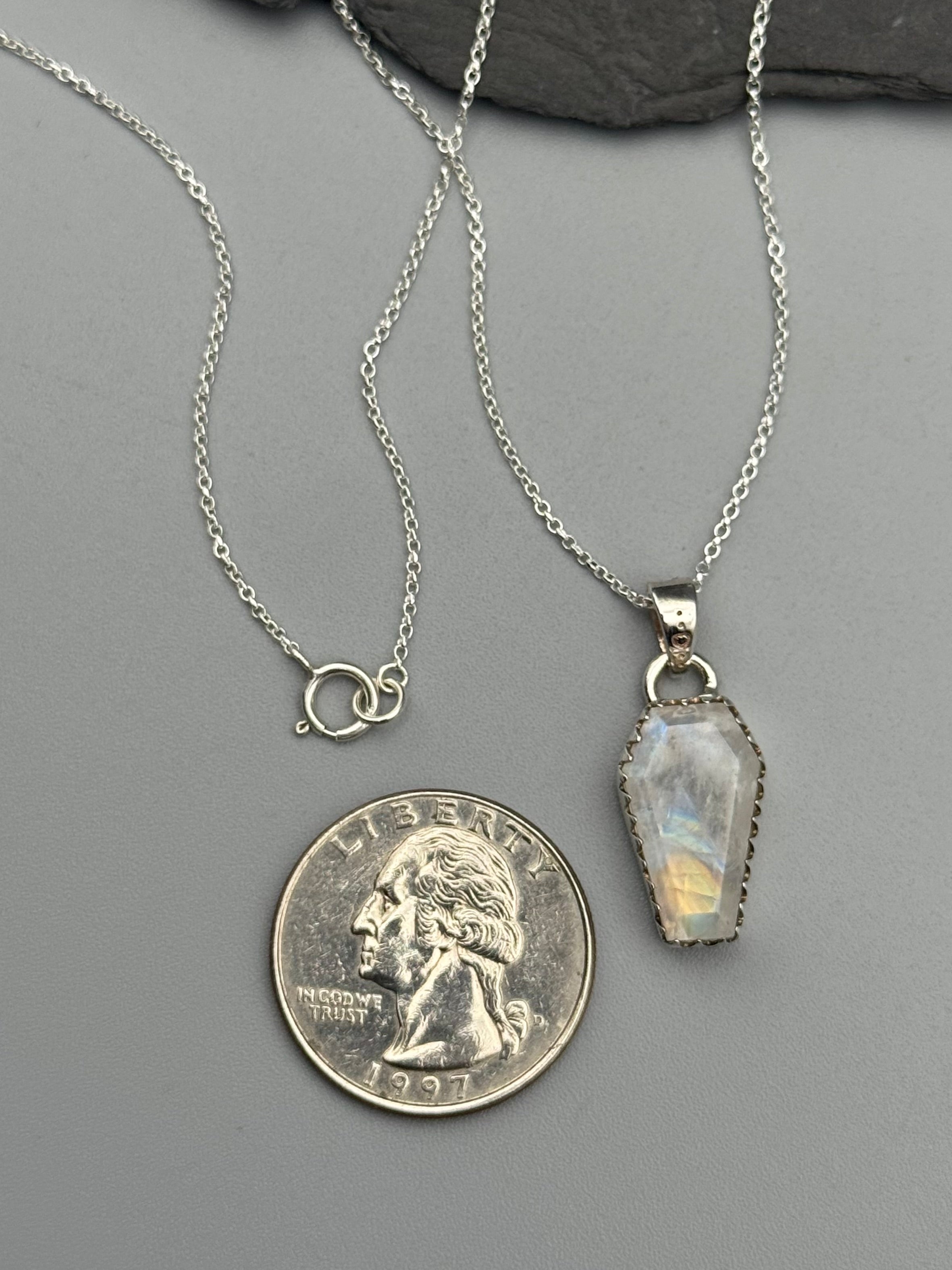 •RAINBOW MOONSTONE - COFFIN• serrated bezel silver necklace (18" long)