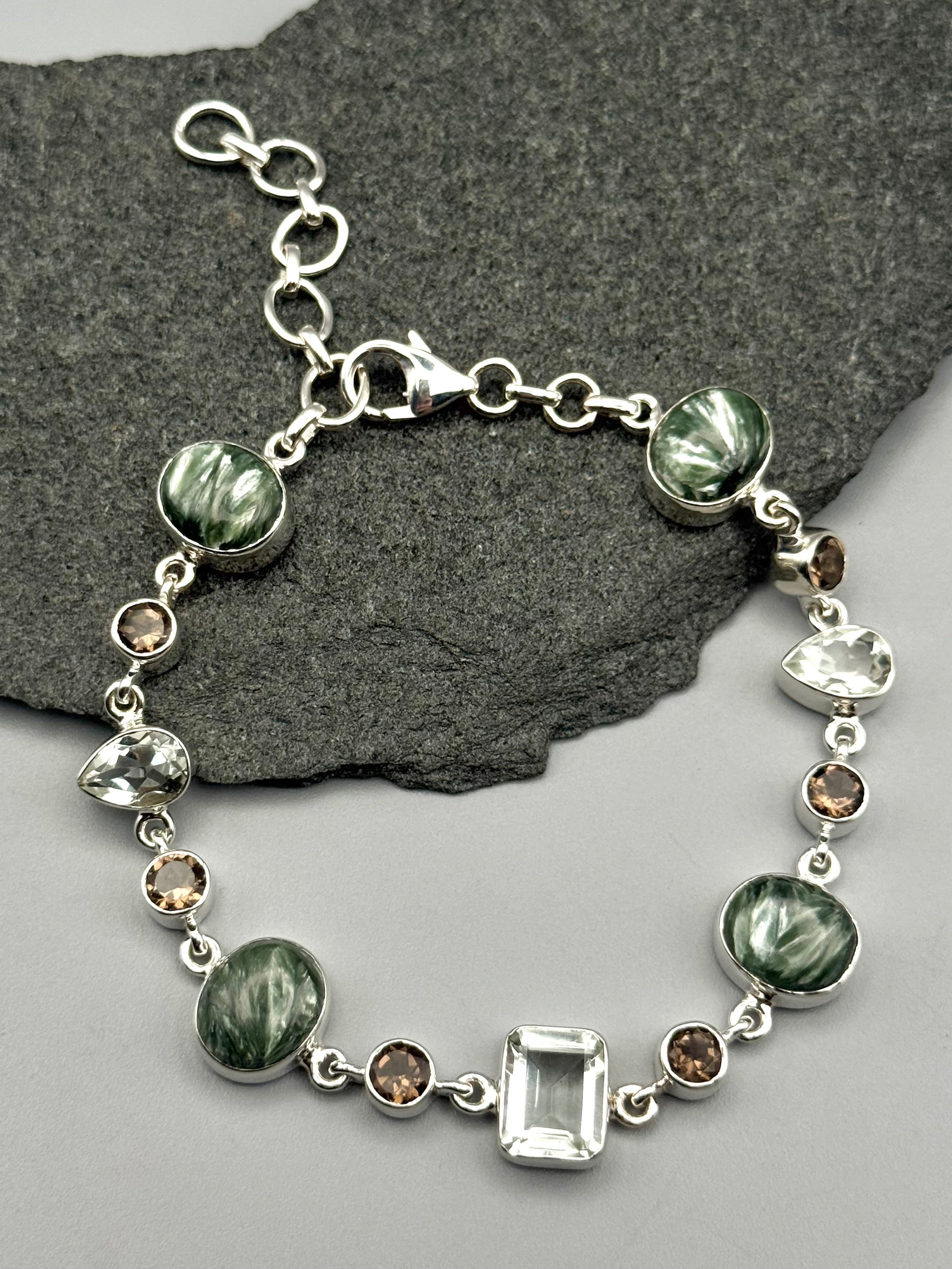 •SERAPHINITE - MULTI-STONE• linked silver bracelet (7.5" - 9")