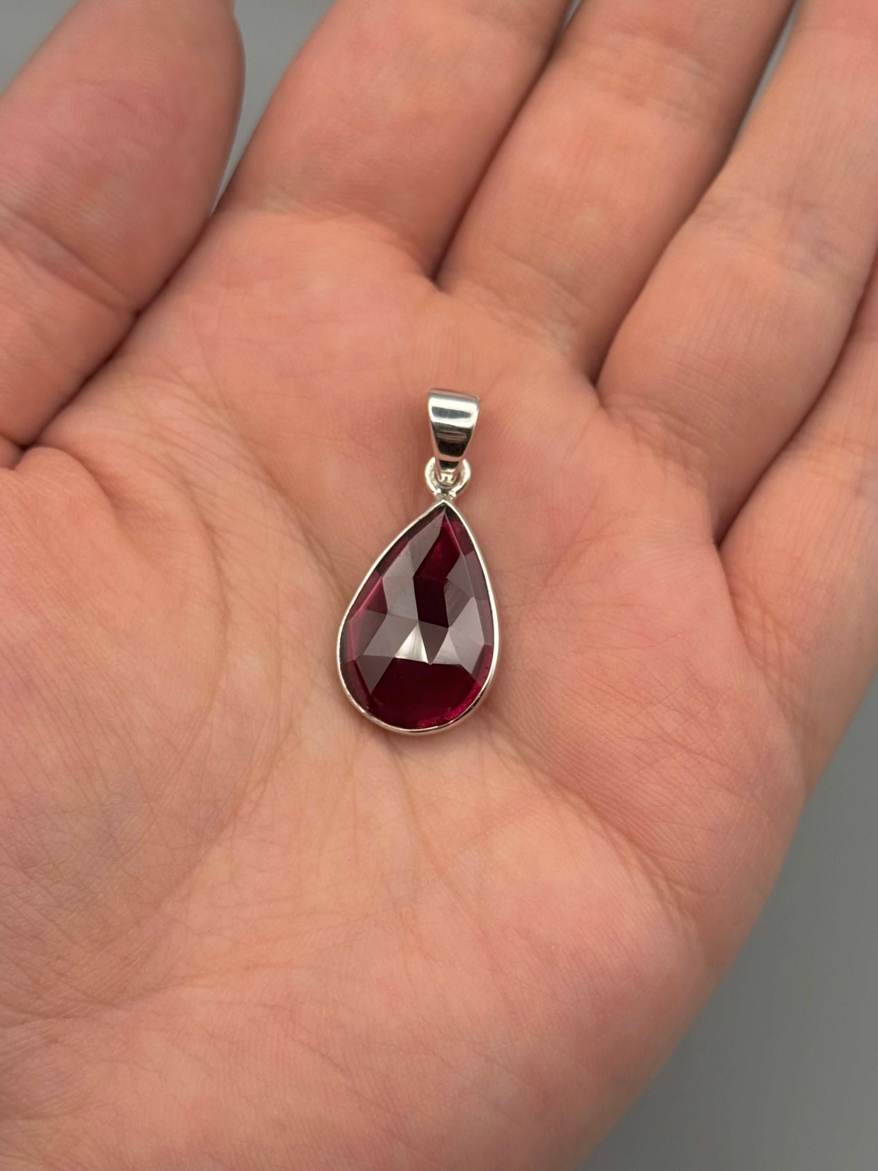•GARNET - FACETED TEAR• sterling silver pendant
