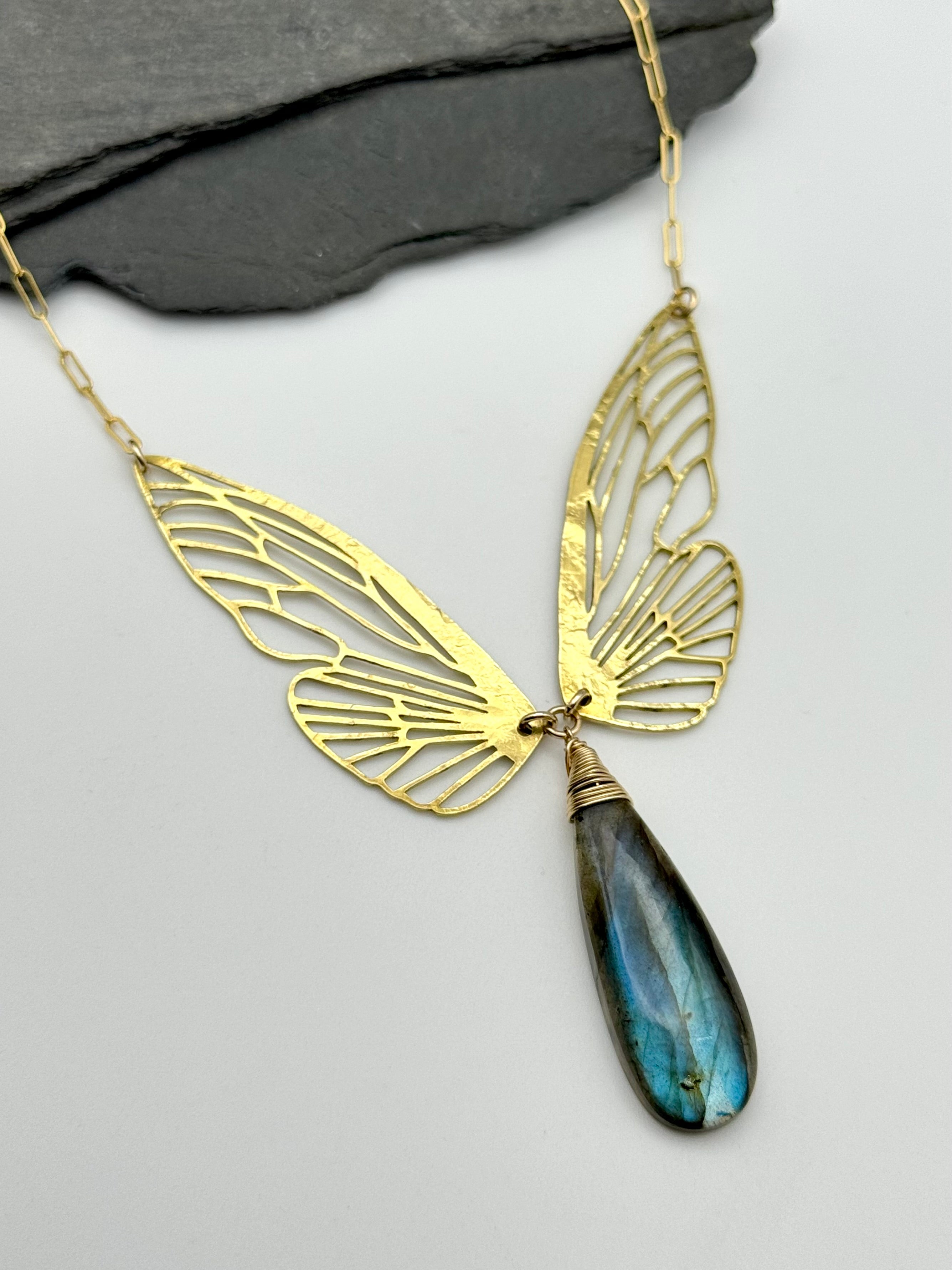•METAMORPH• labradorite + wings + gold necklace (16"-18" long)