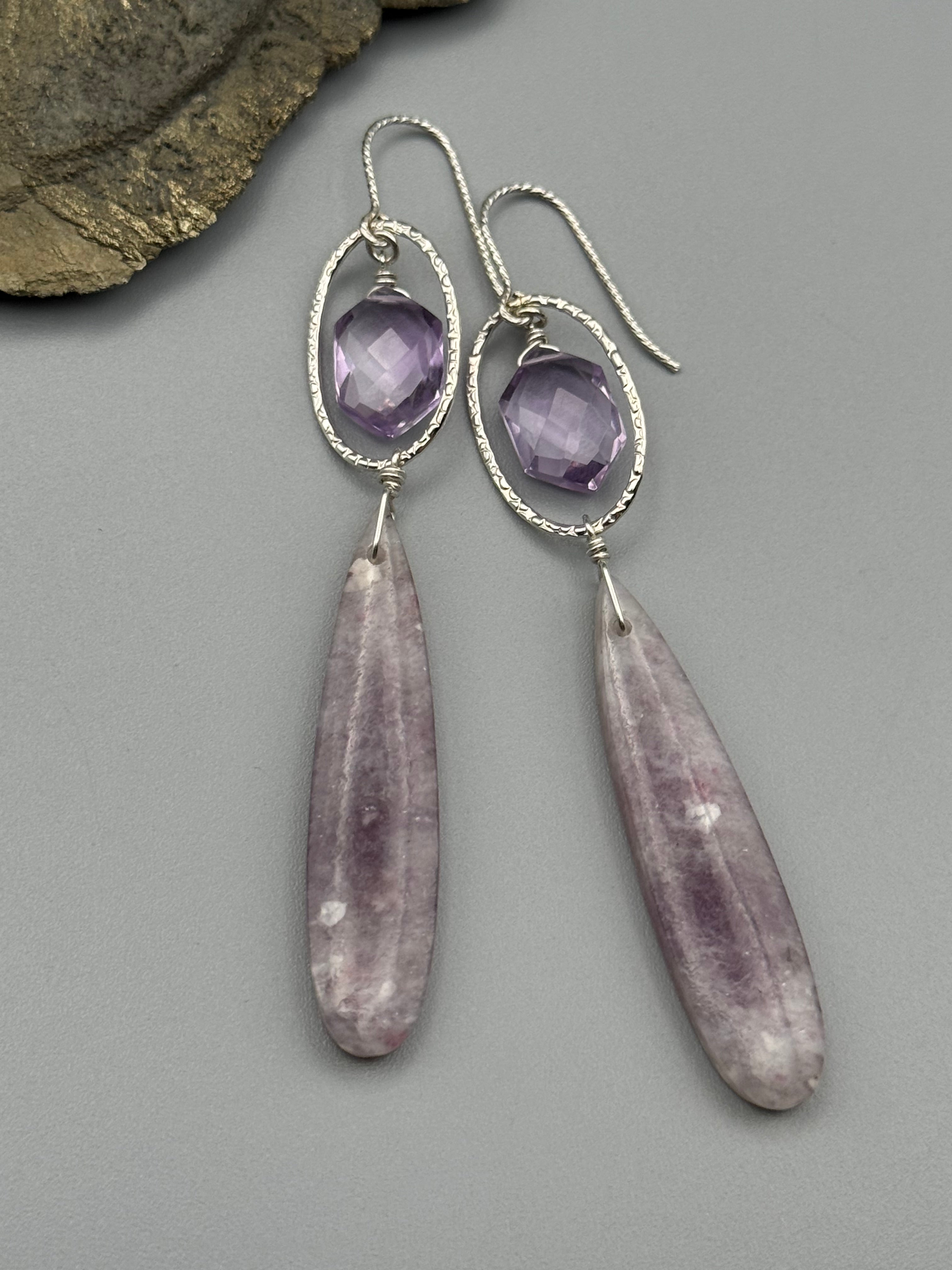 •LUNA• tourmaline in lepidolite + amethyst silver earrings
