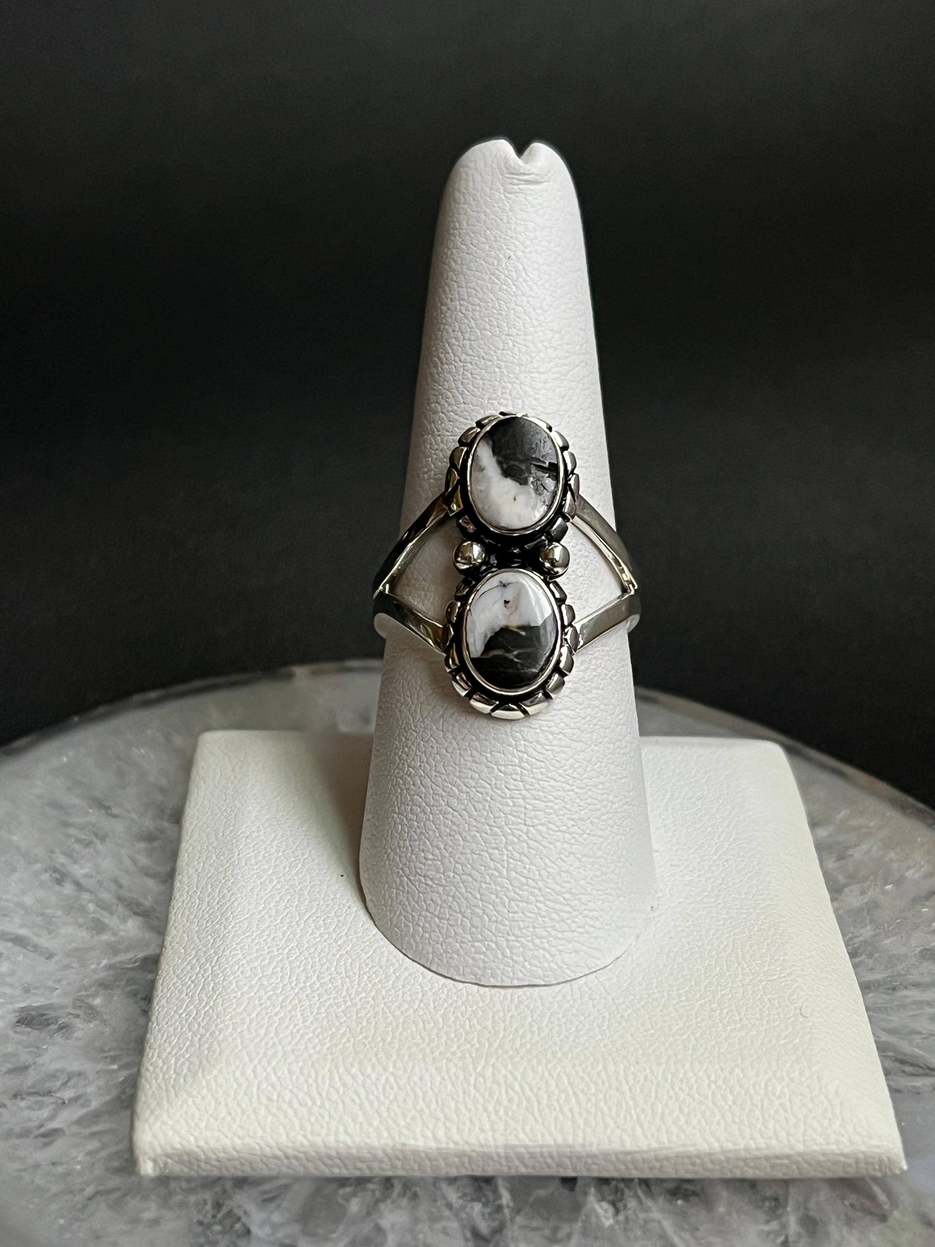 •WHITE BUFFALO TURQUOISE• Navajo silver double stone ring - size 8.75