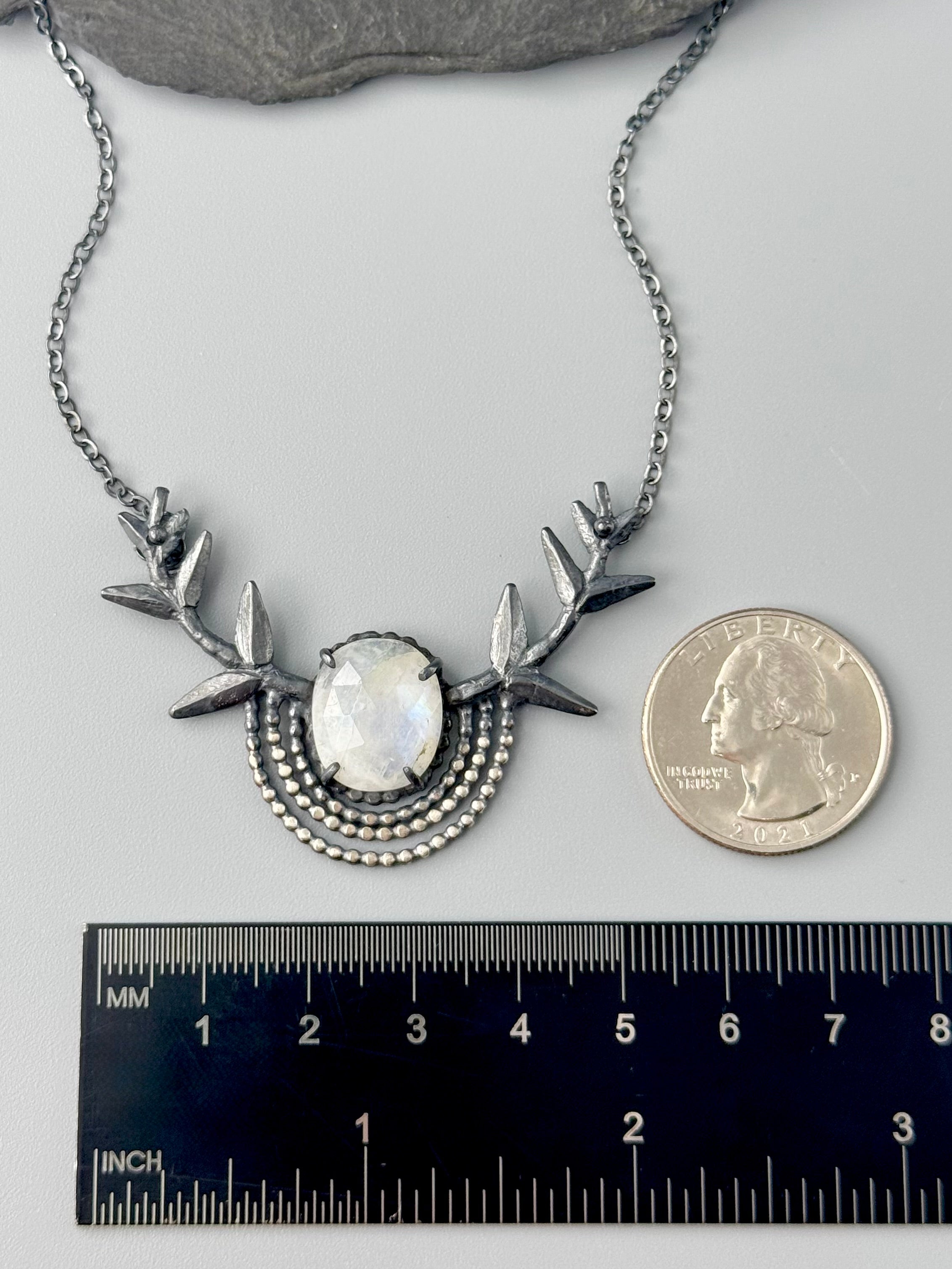 •BRANCHED OUT• rainbow moonstone oval + branches + silver necklace (18" long)