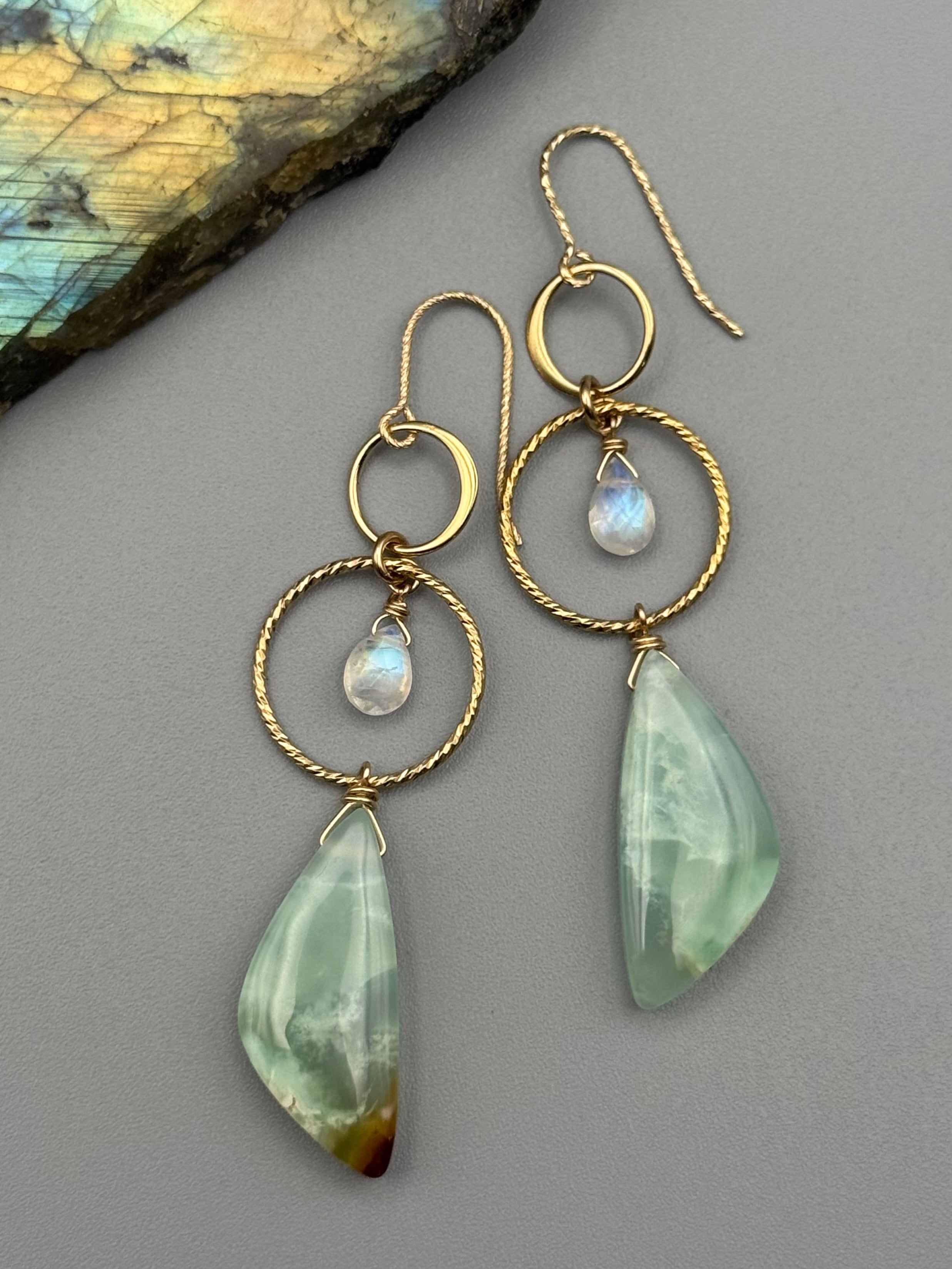 •4 OF CUPS• rainbow moonstone + chrysoprase gold earrings