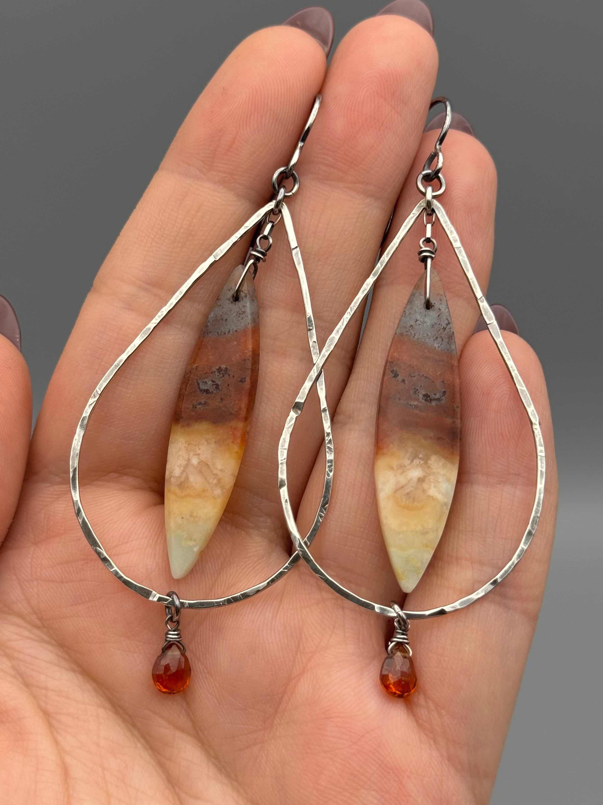 •DRIP DROP• opalized wood jasper + hessonite garnet silver earrings