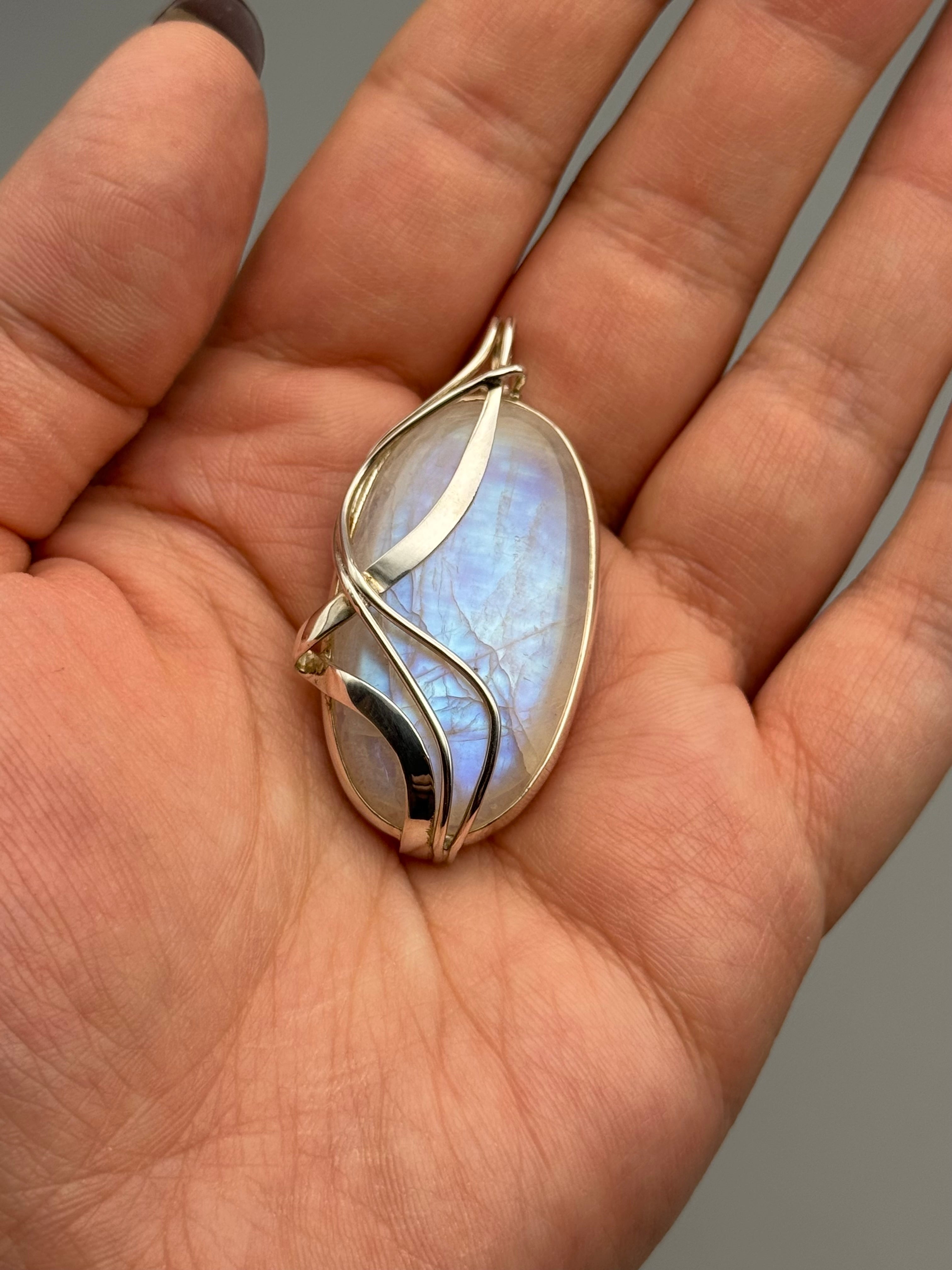 •RAINBOW MOONSTONE - WIRE WRAPPED OVAL• sterling silver pendant