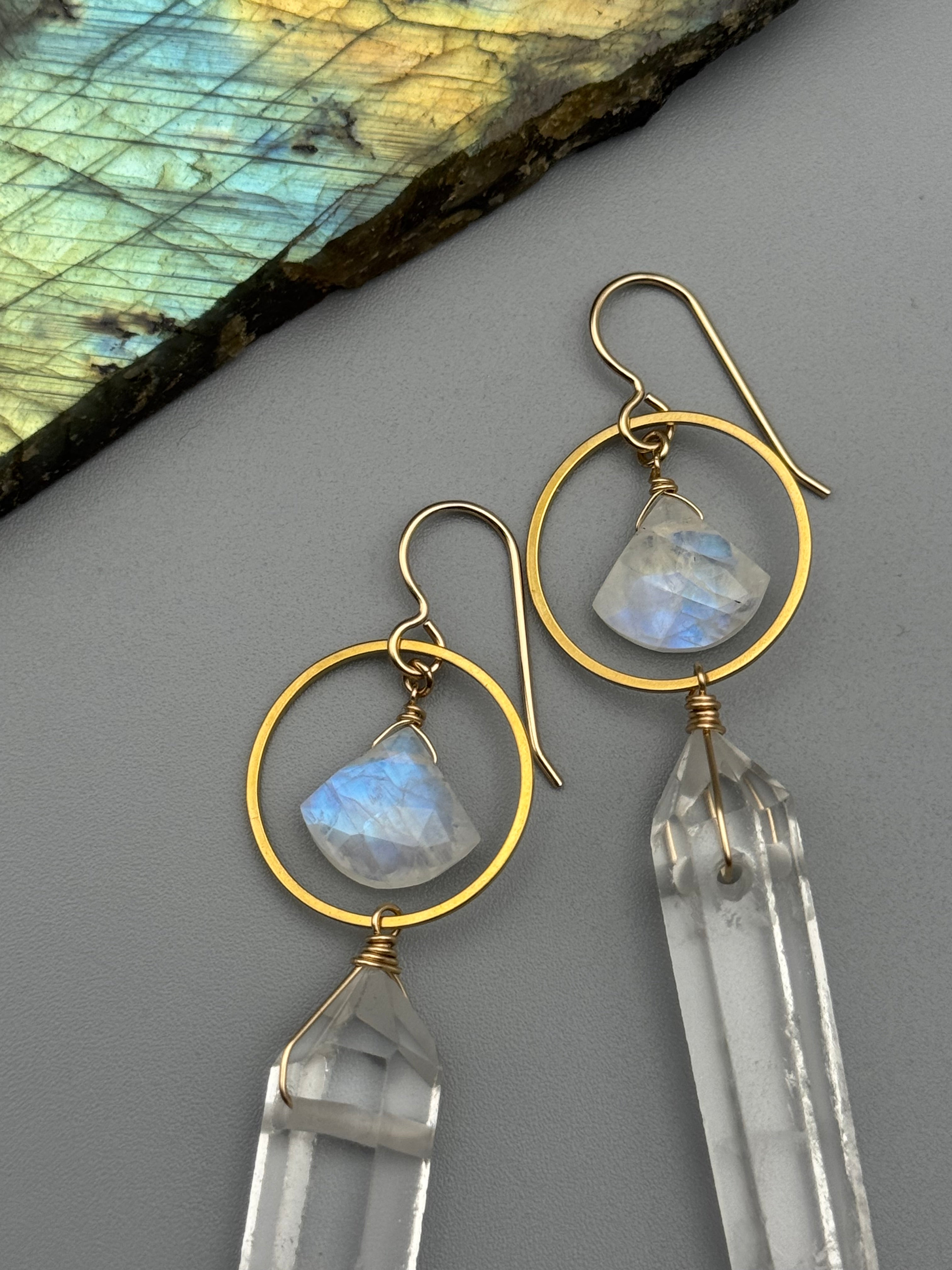 •LUNA• rainbow moonstone + quartz gold earrings