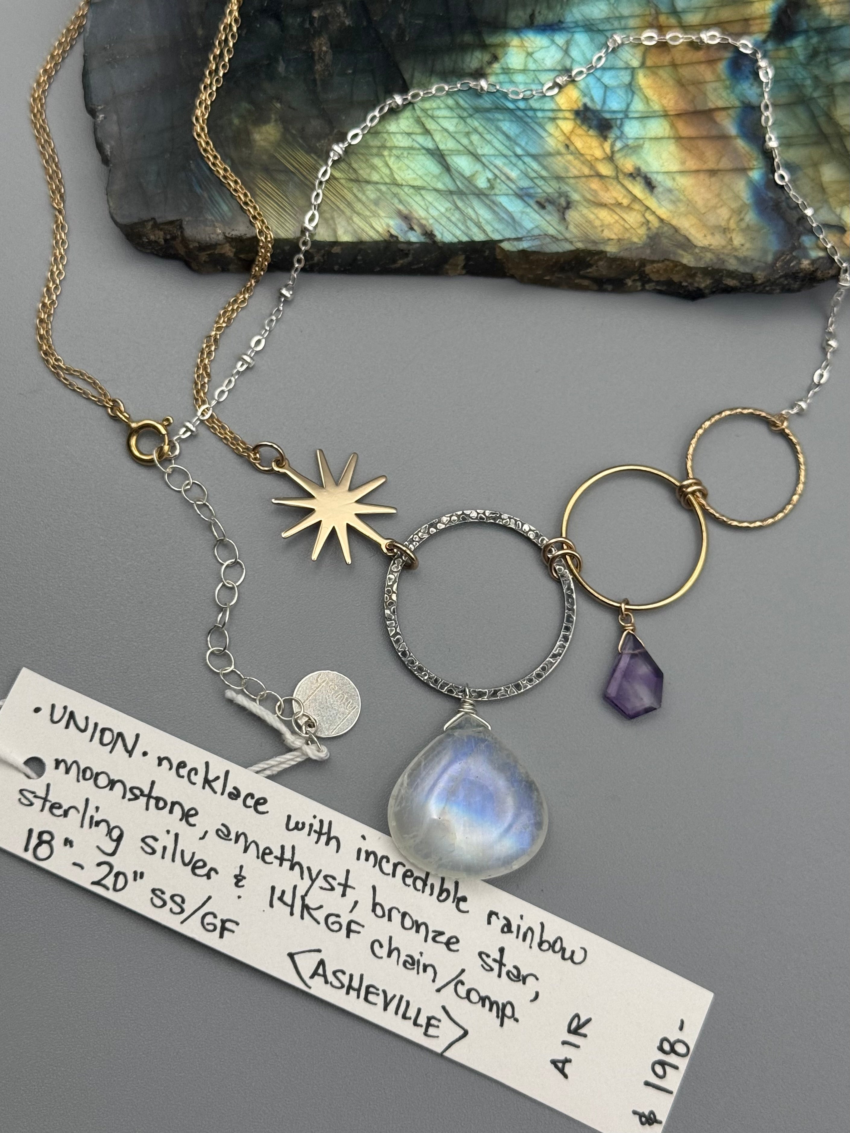 •UNION• rainbow moonstone + amethyst mixed metal necklace (18"-20" long)