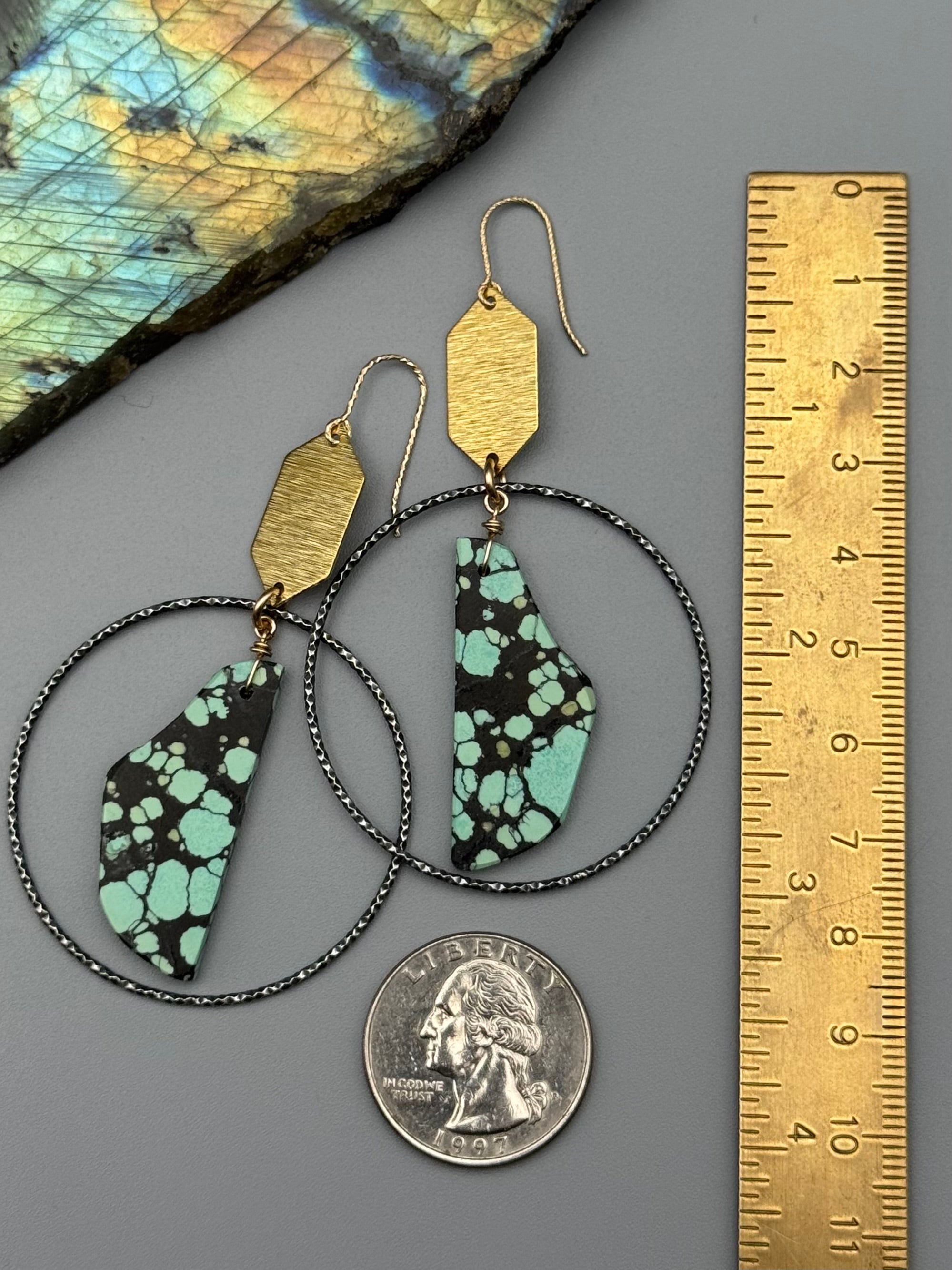 •HEX HOOPS• turquoise slab + mixed metal earrings
