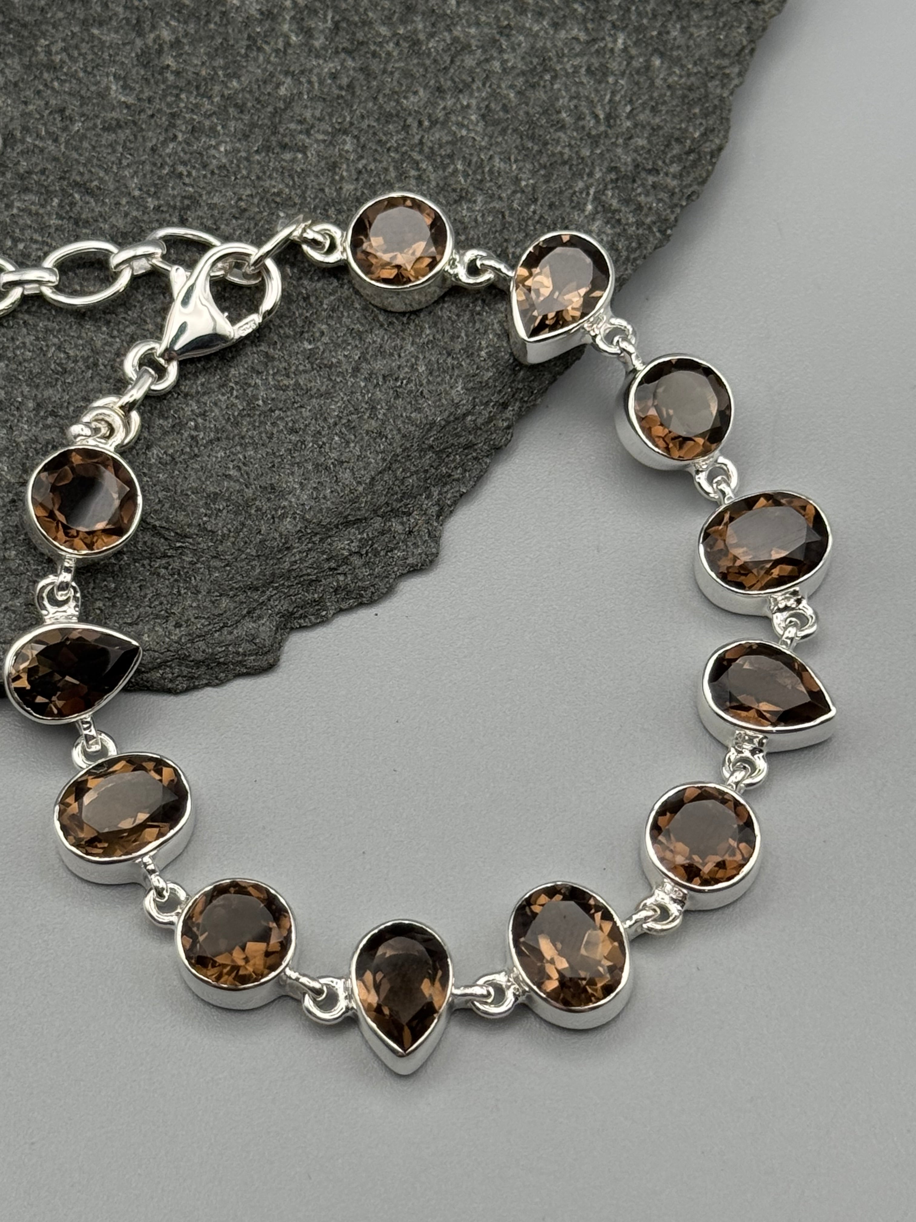•SMOKY QUARTZ - GEO MIX• linked silver bracelet (7.25" - 9")