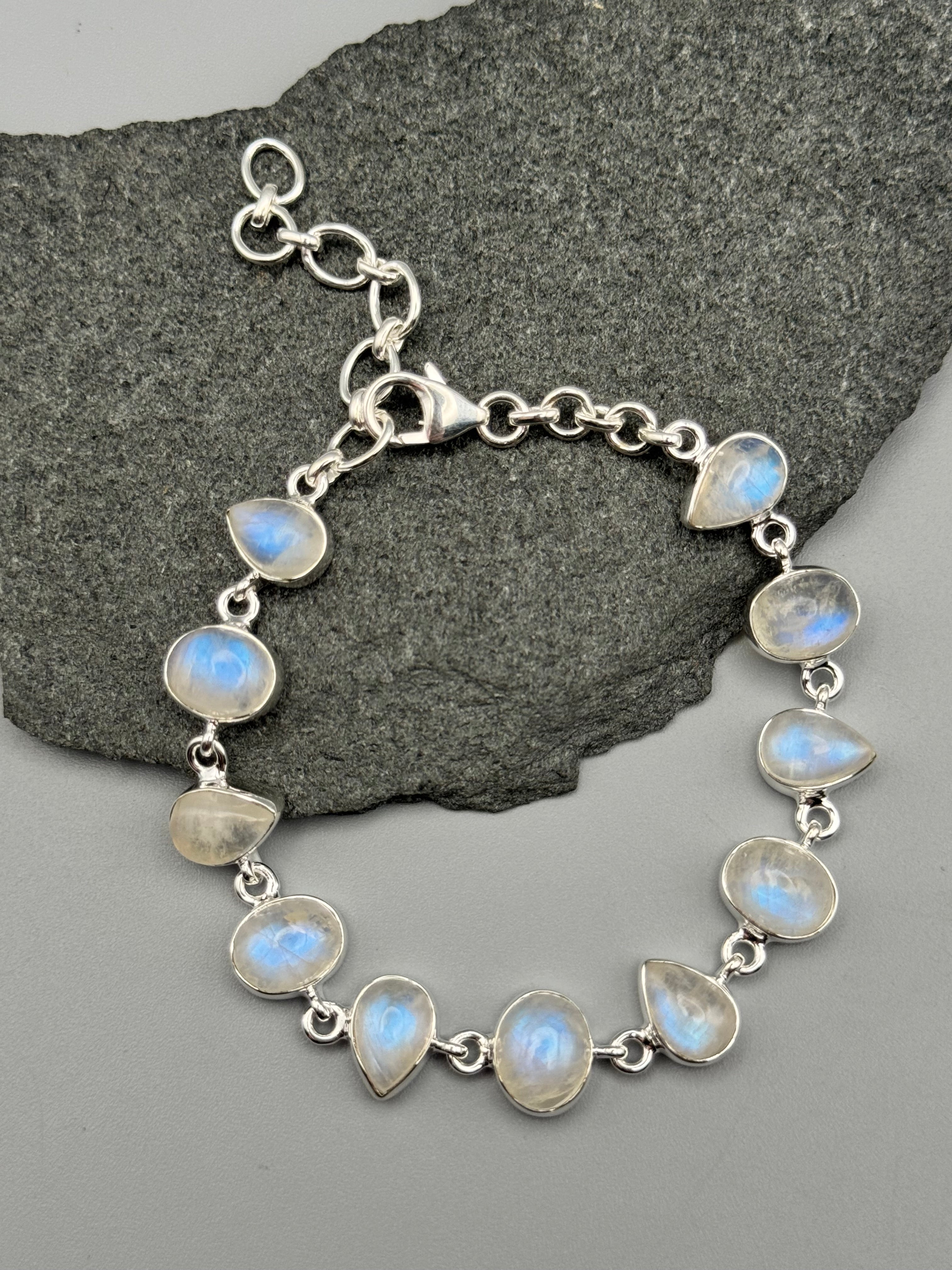 •RAINBOW MOONSTONE - LIL' GEO MIX• linked silver bracelet (7.25" - 9")