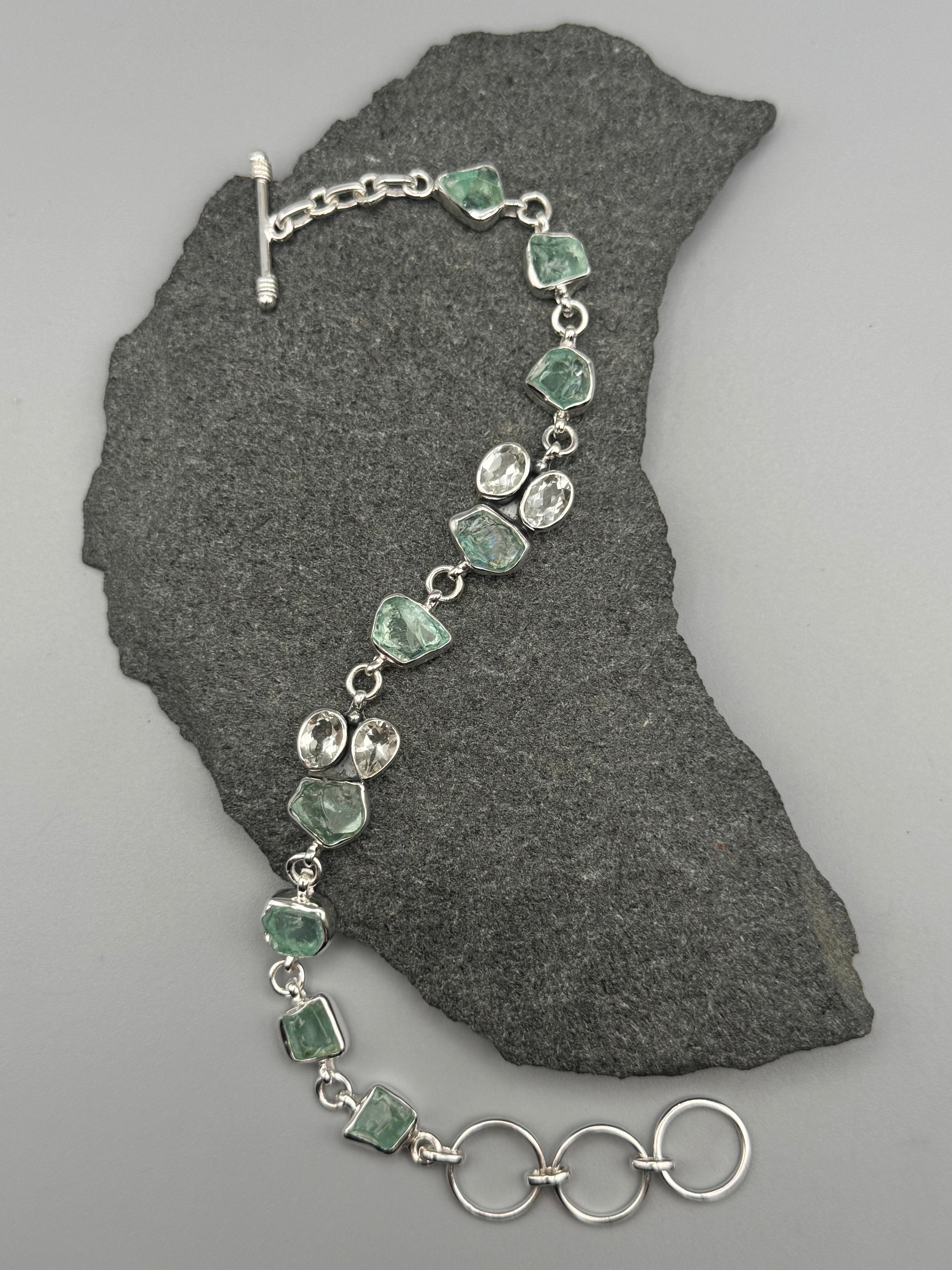 •APATITE + GREEN AMETHYST - CLUSTER• linked silver bracelet (7" - 8.25")