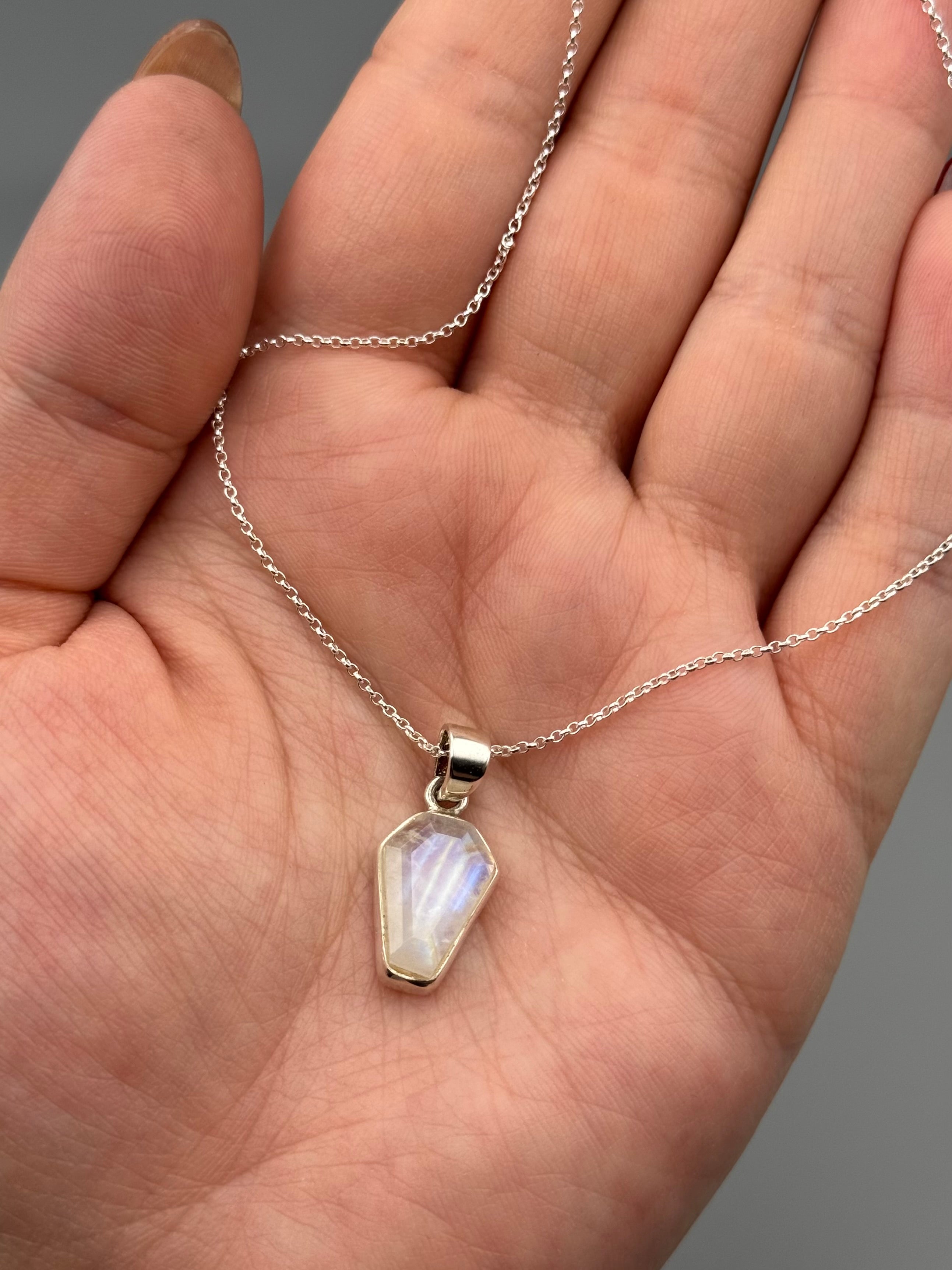 •RAINBOW MOONSTONE - COFFIN• simple bezel silver necklace (18" long)