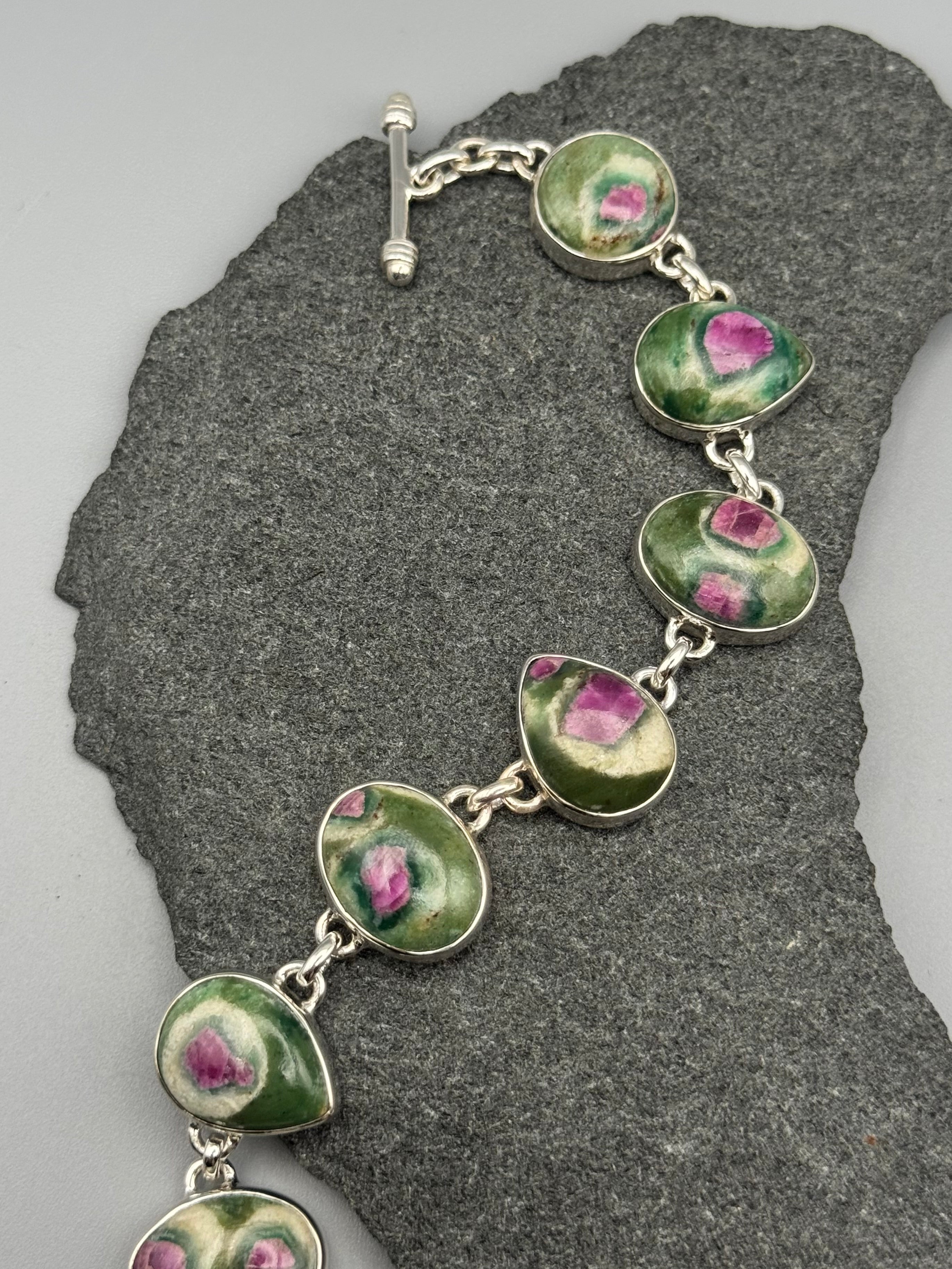 •RUBY FUCHSITE - GEO MIX• linked silver bracelet (7.25" - 8.5")