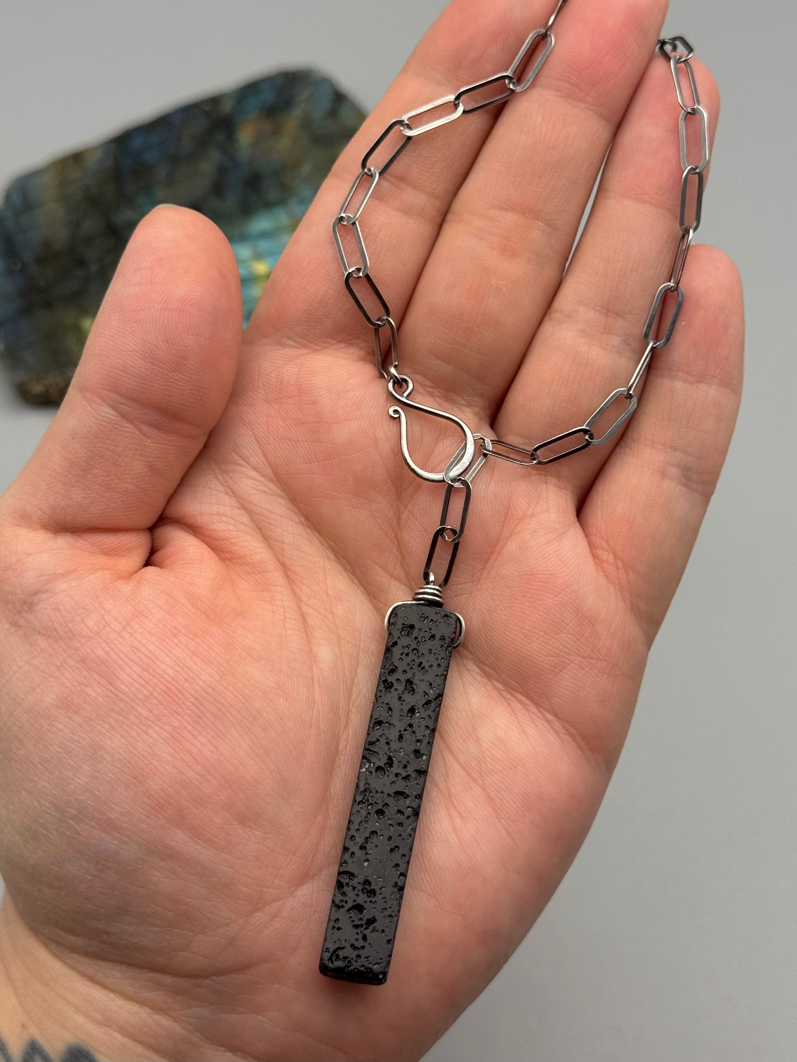 •LINKED• black lava + silver necklace (ADJ to 19")