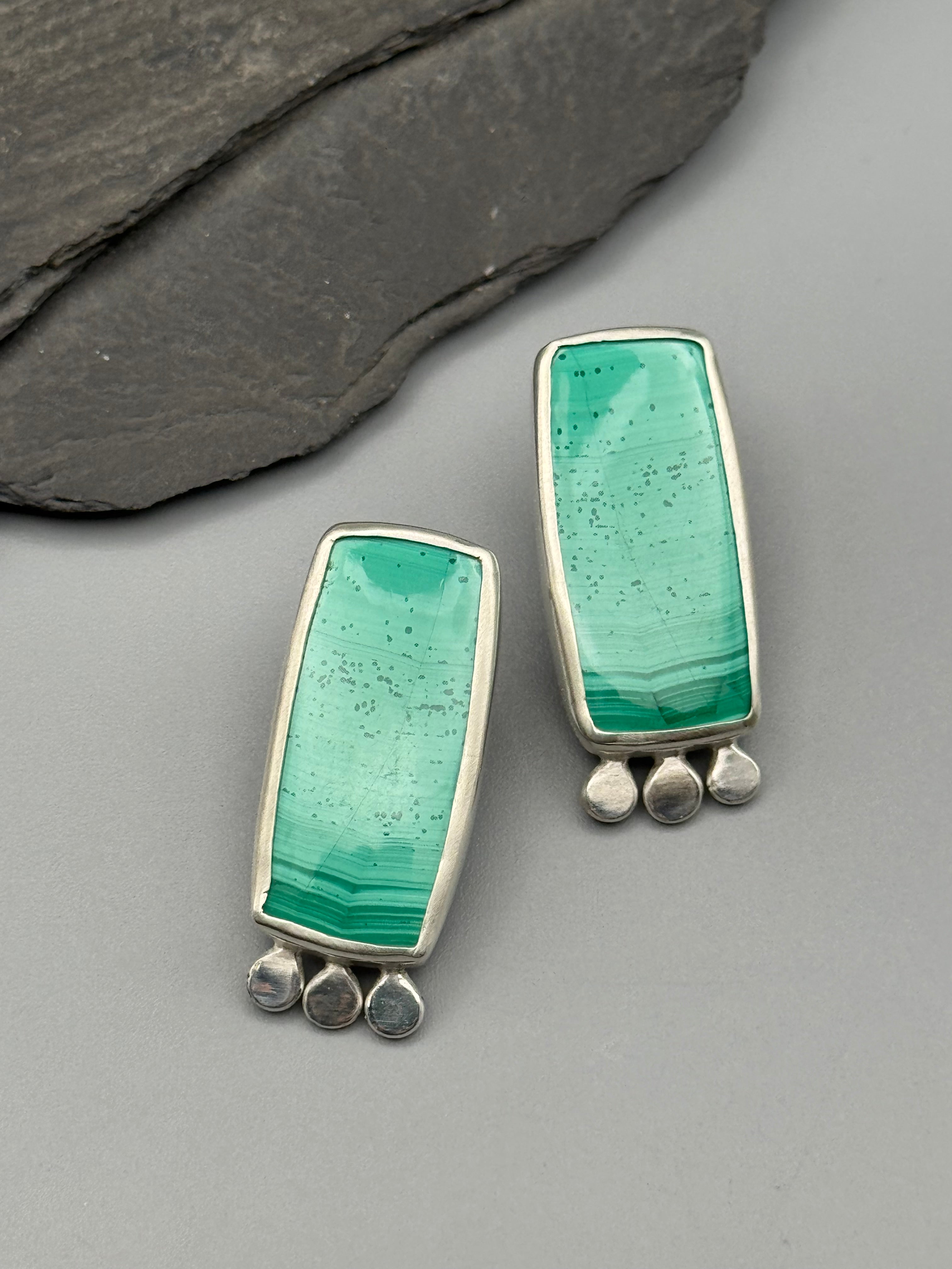•POLLINATOR• malachite rectangle + silver post earrings