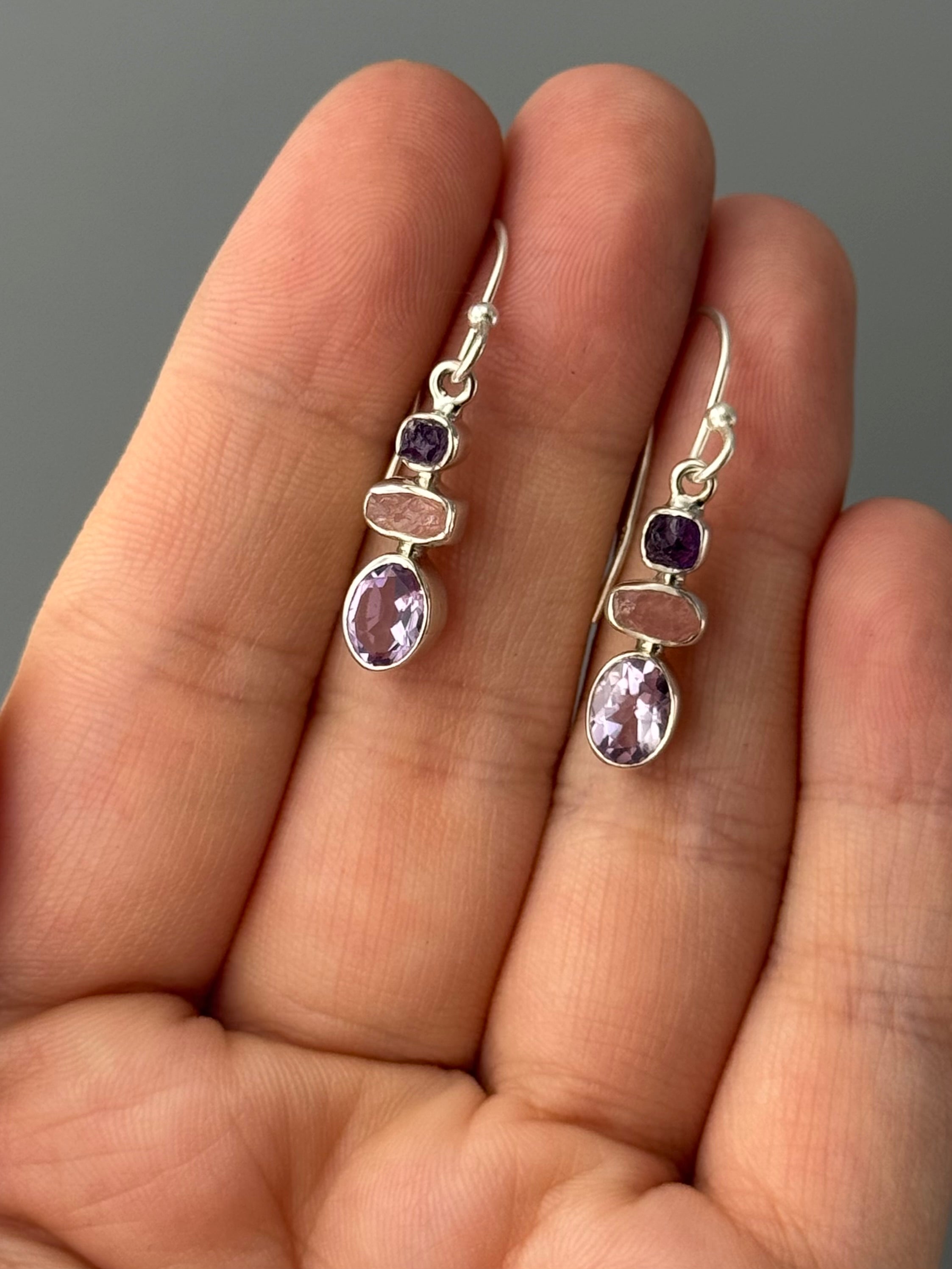 •AMETHYST + ROSE QUARTZ - OVAL STACK• silver dangle earrings