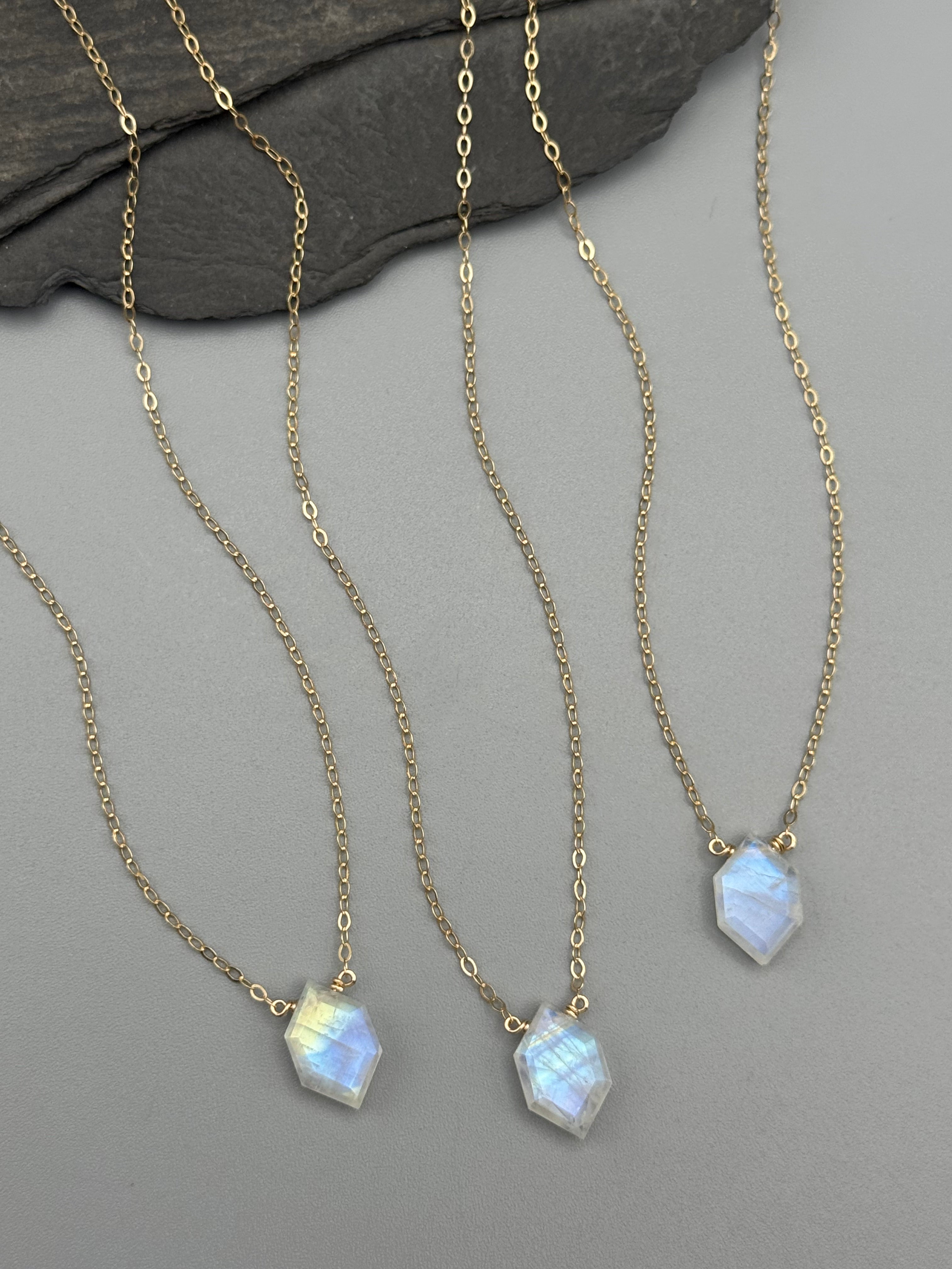 •STRAY• faceted rainbow moonstone lil' hex + gold necklace (various lengths)